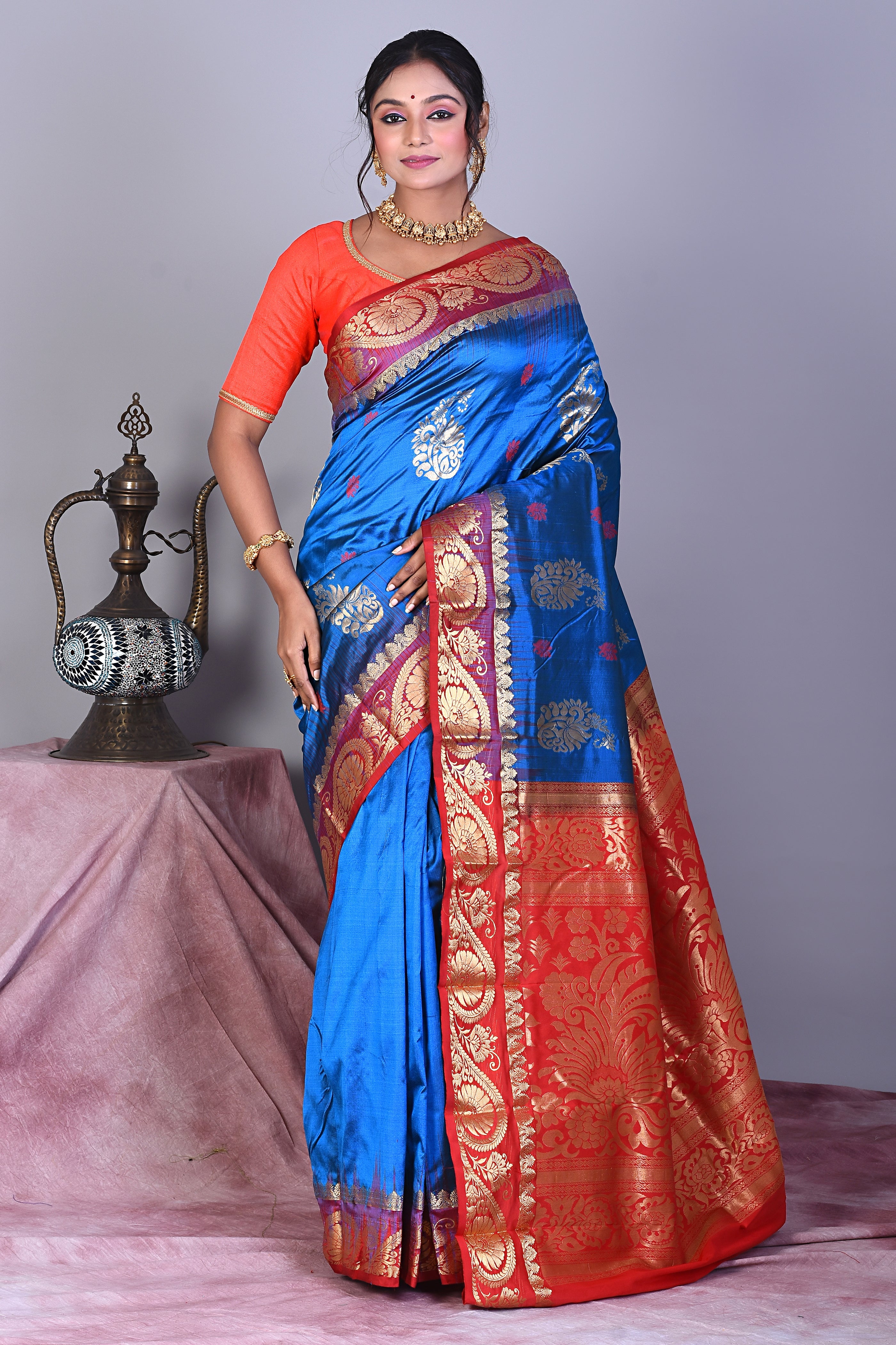 Blue Pure Kanjivaram Saree with Red Borders - Keya Seth Exclusive