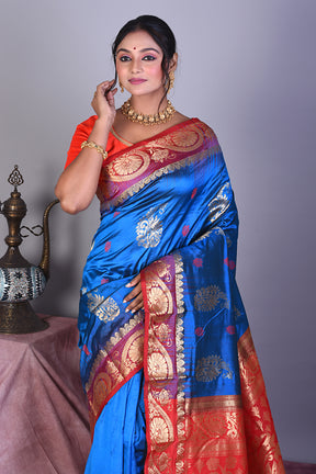 Blue Pure Kanjivaram Saree with Red Borders - Keya Seth Exclusive