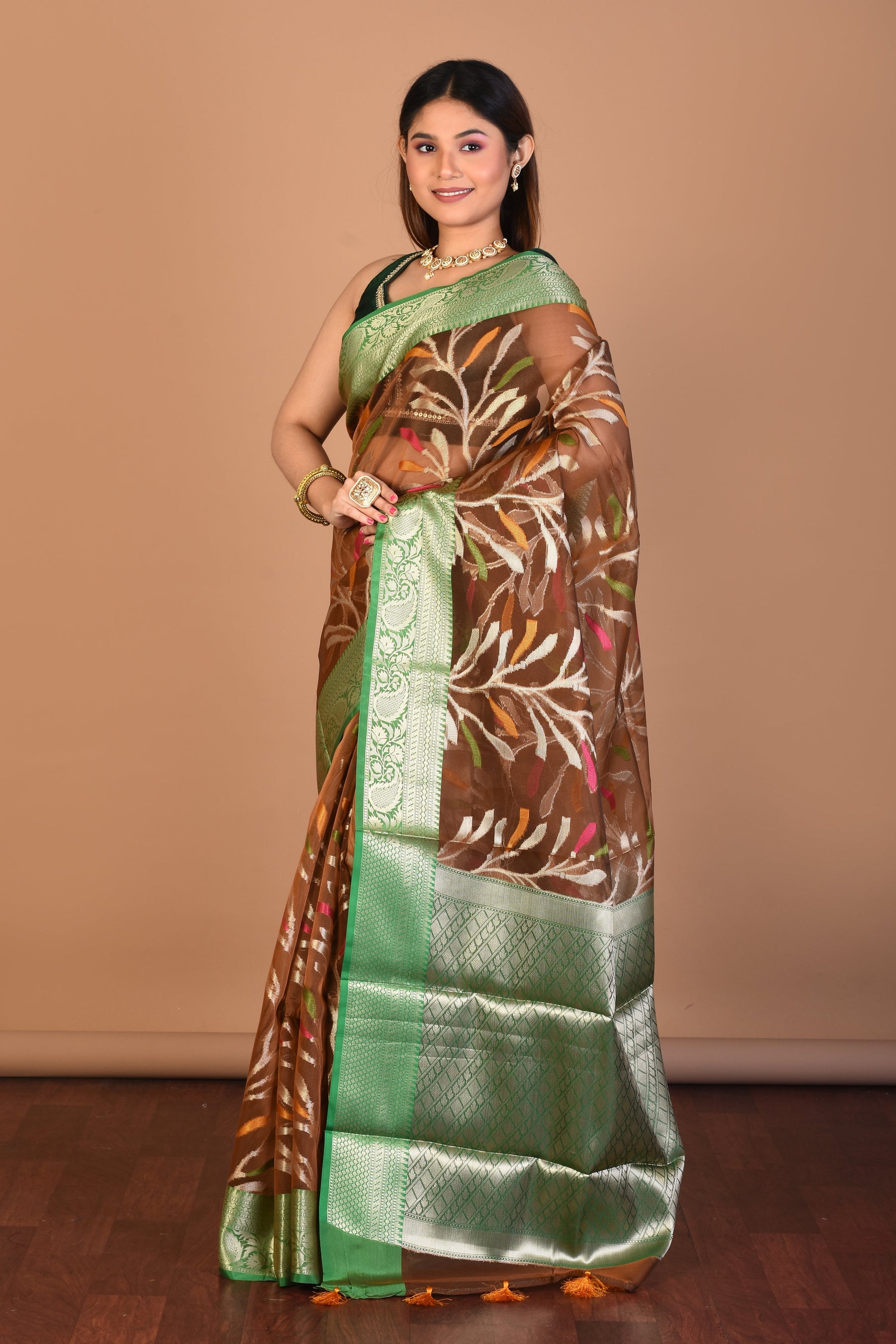 Brown Tissue Saree with Blouse Piece - Keya Seth Exclusive