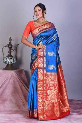 Blue Pure Kanjivaram Saree with Red Borders - Keya Seth Exclusive