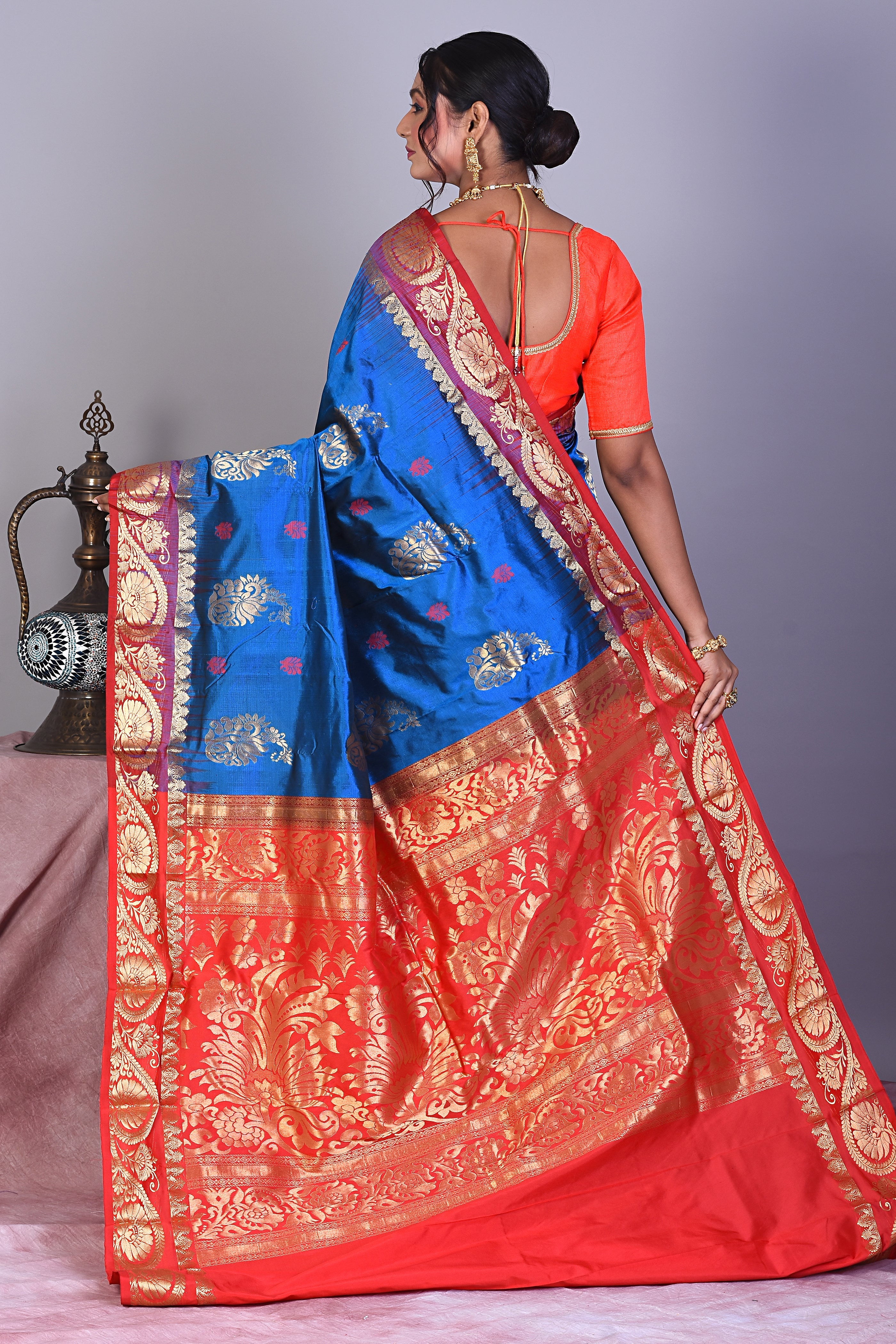 Blue Pure Kanjivaram Saree with Red Borders - Keya Seth Exclusive