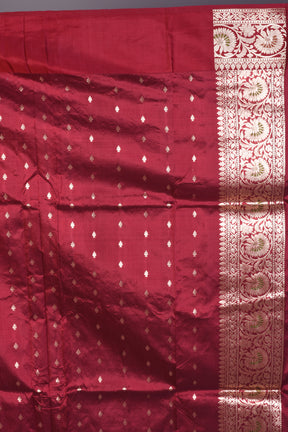 Beige Pure Katan Saree with Maroon Borders - Keya Seth Exclusive