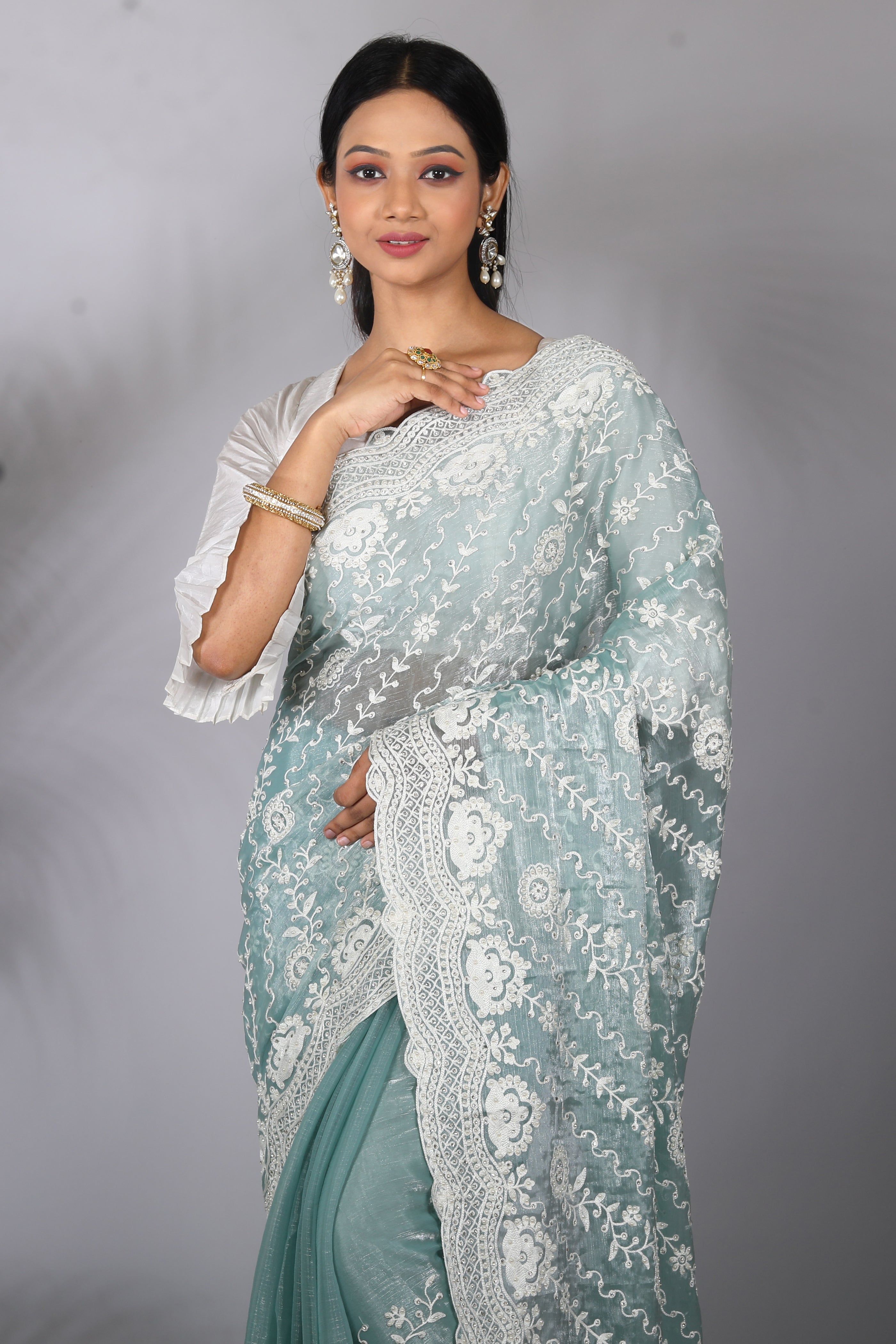 Sea Green Blended Georgette Saree - Keya Seth Exclusive