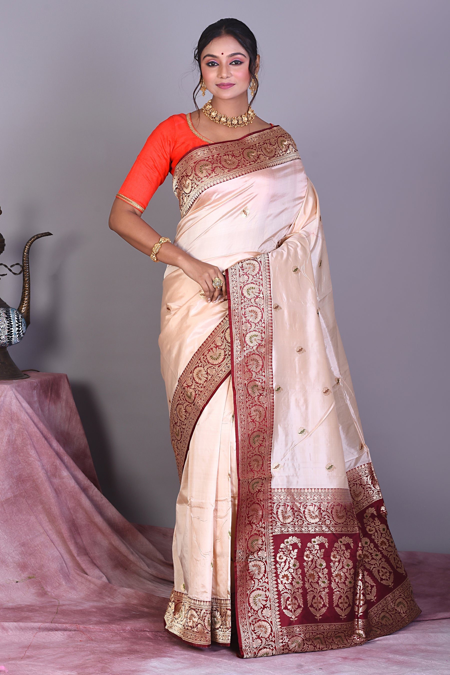 Beige Pure Katan Saree with Maroon Borders - Keya Seth Exclusive