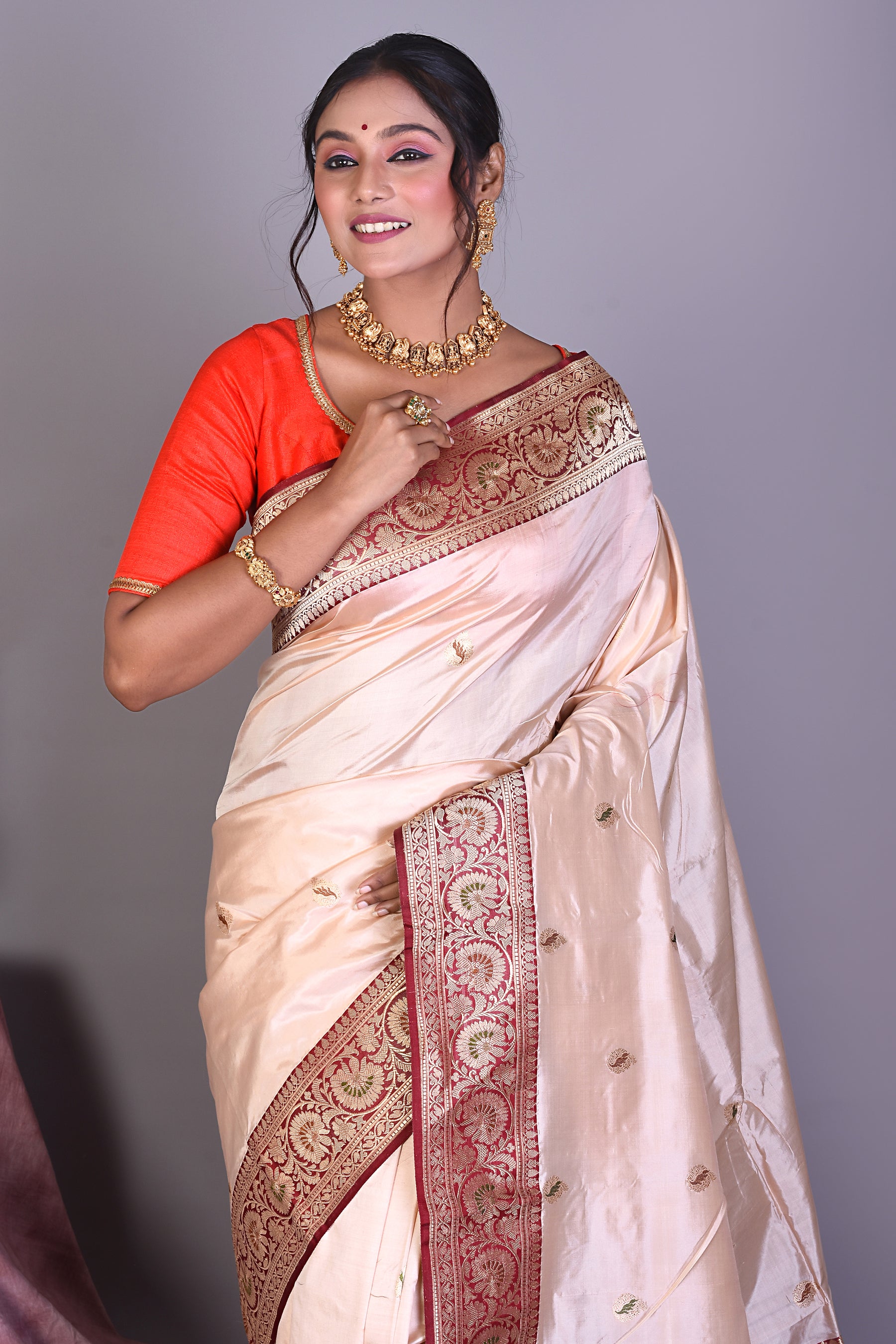 Beige Pure Katan Saree with Maroon Borders - Keya Seth Exclusive