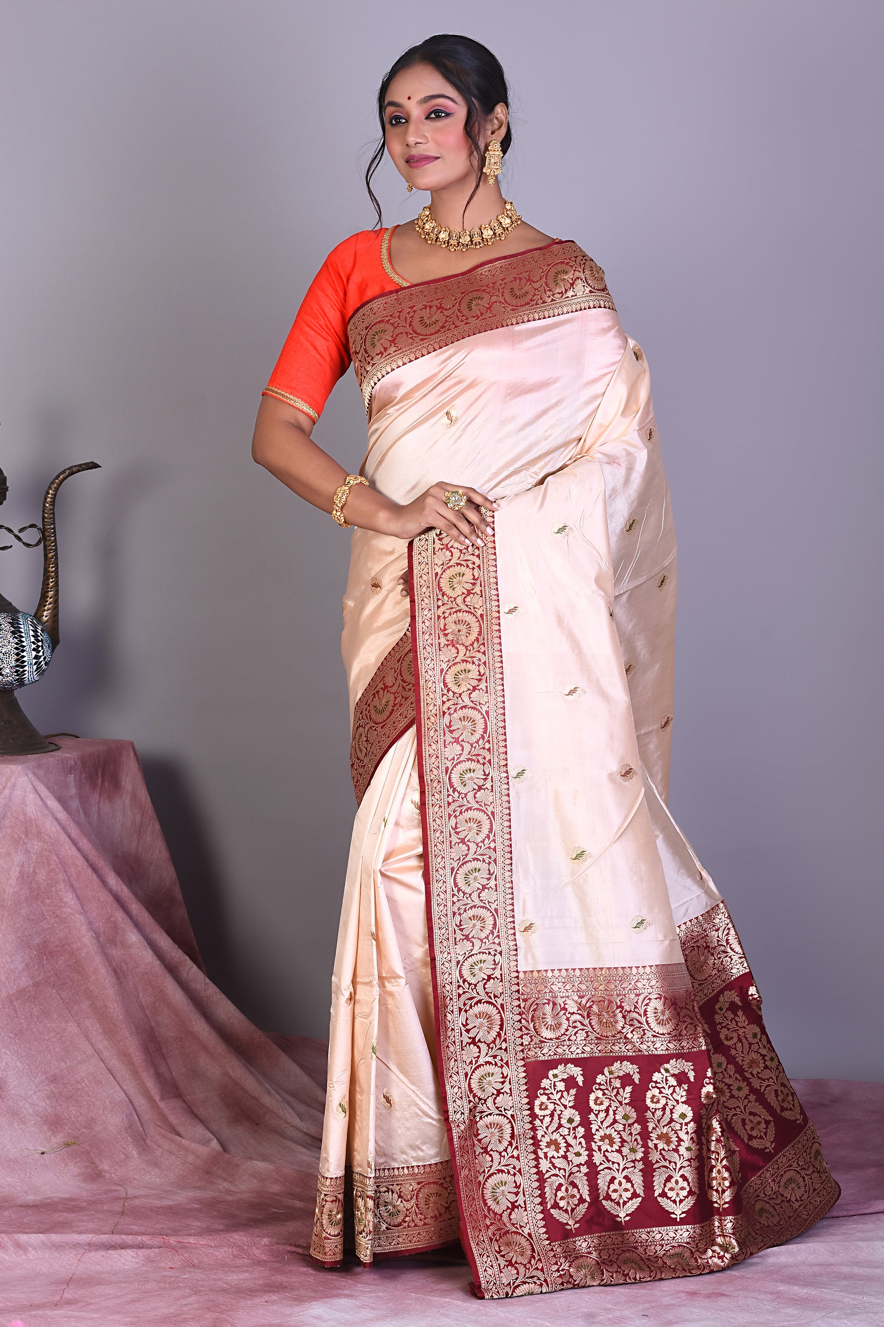 Beige Pure Katan Saree with Maroon Borders - Keya Seth Exclusive