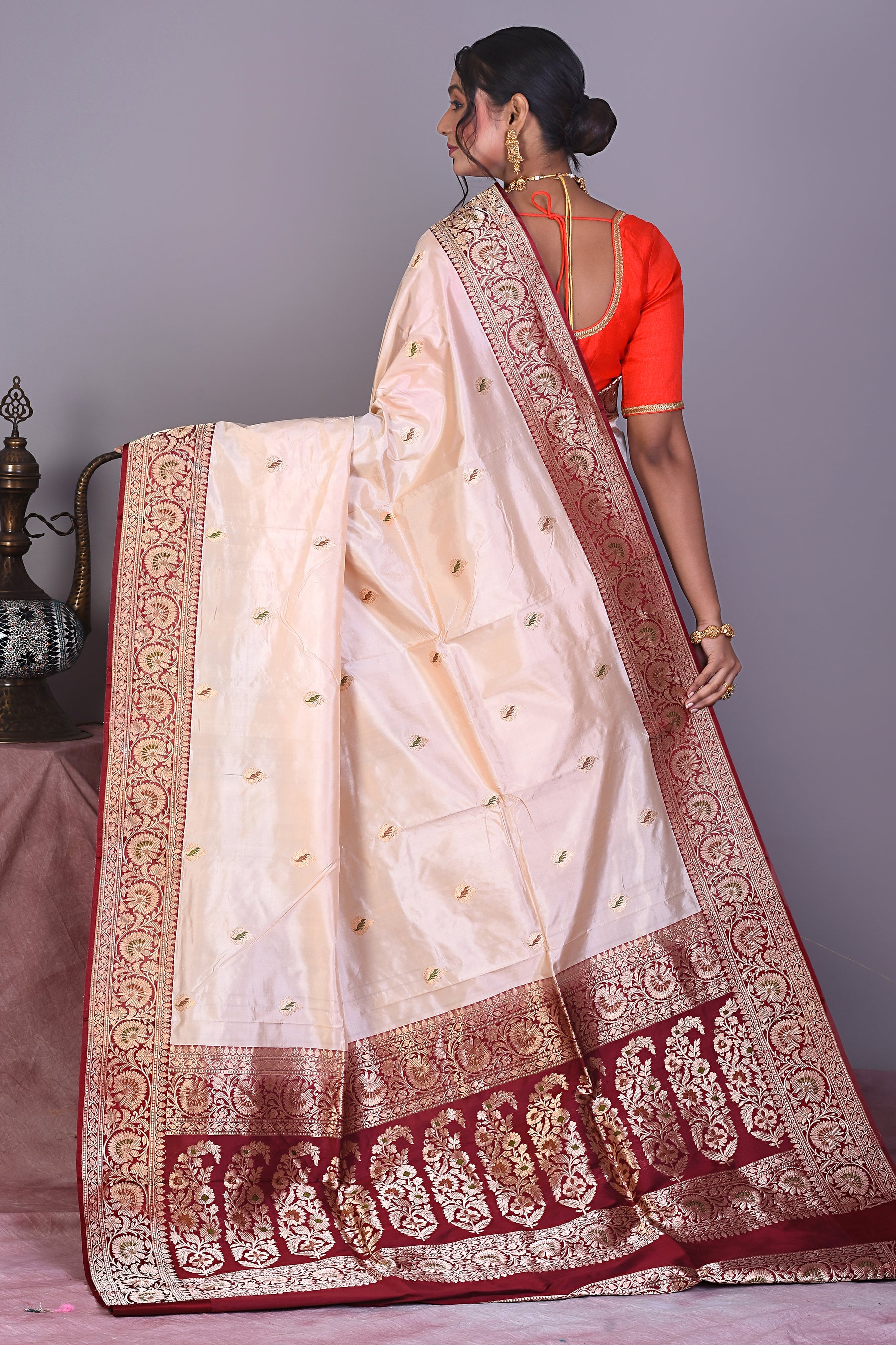 Beige Pure Katan Saree with Maroon Borders - Keya Seth Exclusive