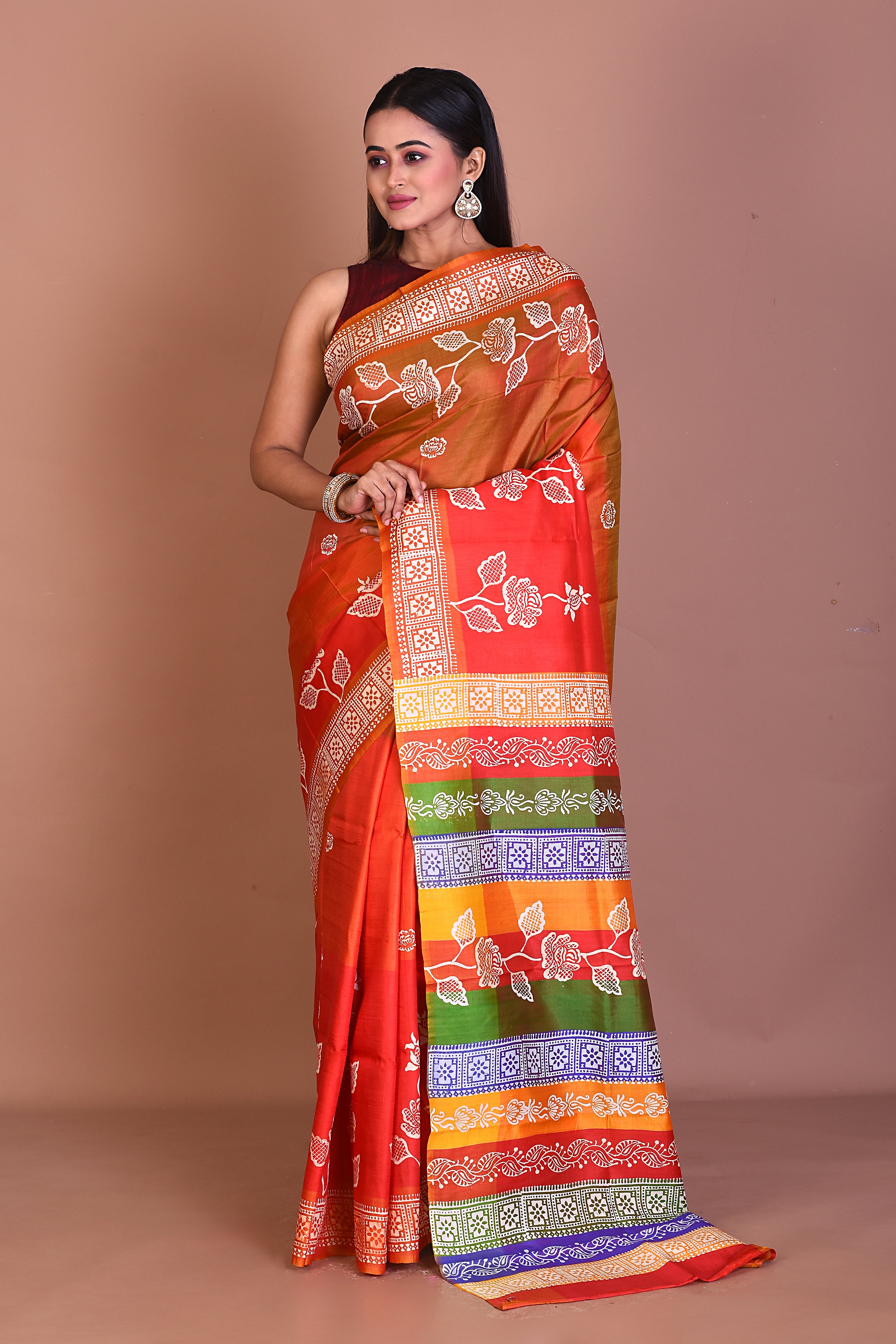 Orange Blended Printed Silk Saree - Keya Seth Exclusive