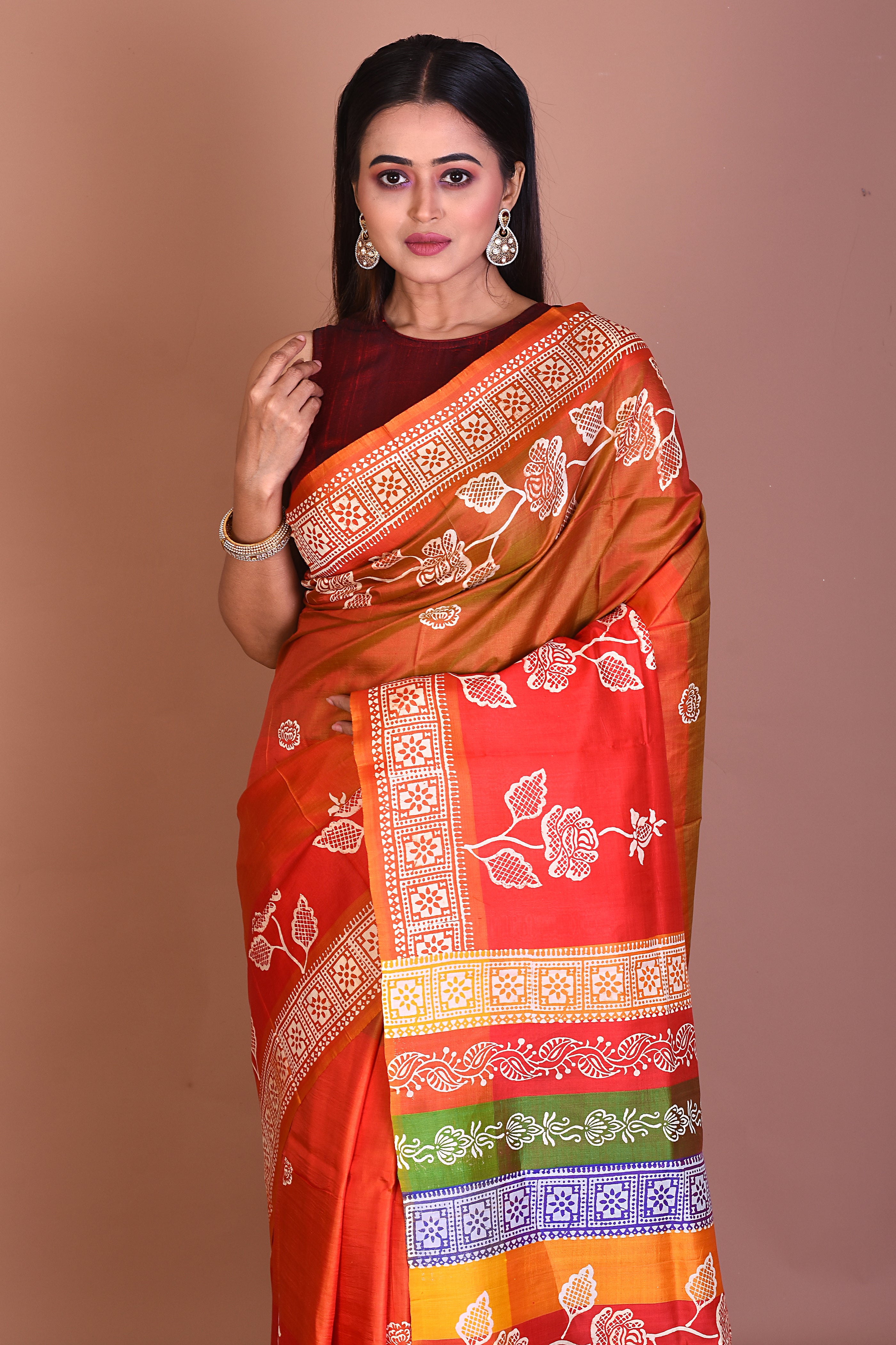 Orange Blended Printed Silk Saree - Keya Seth Exclusive