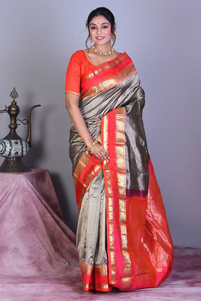 Grey Pure Kanjivaram Saree with Red Borders - Keya Seth Exclusive