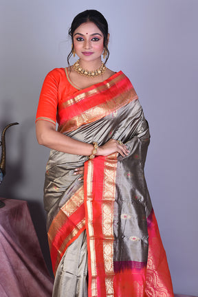 Grey Pure Kanjivaram Saree with Red Borders - Keya Seth Exclusive