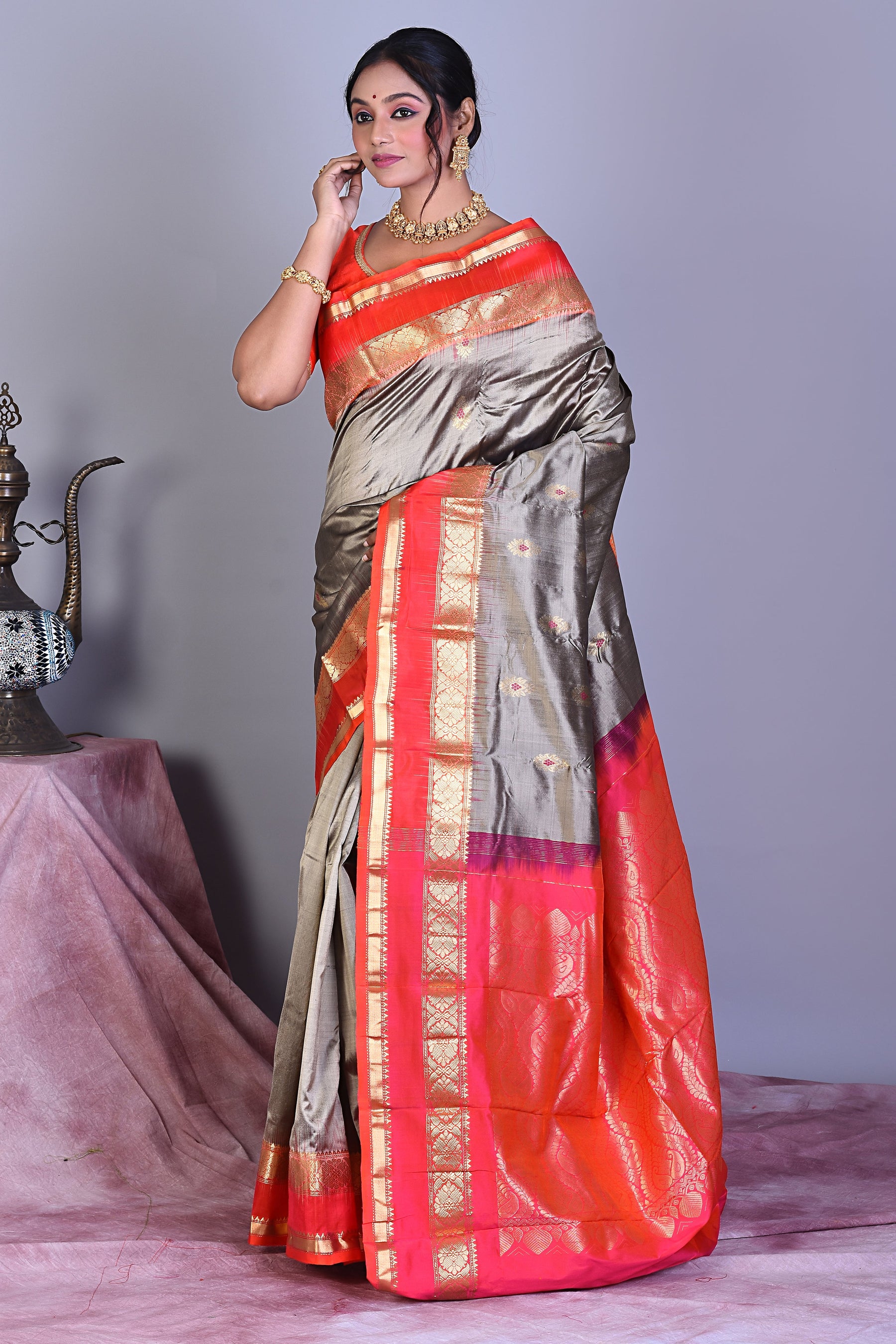 Grey Pure Kanjivaram Saree with Red Borders - Keya Seth Exclusive