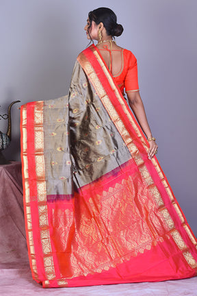 Grey Pure Kanjivaram Saree with Red Borders - Keya Seth Exclusive