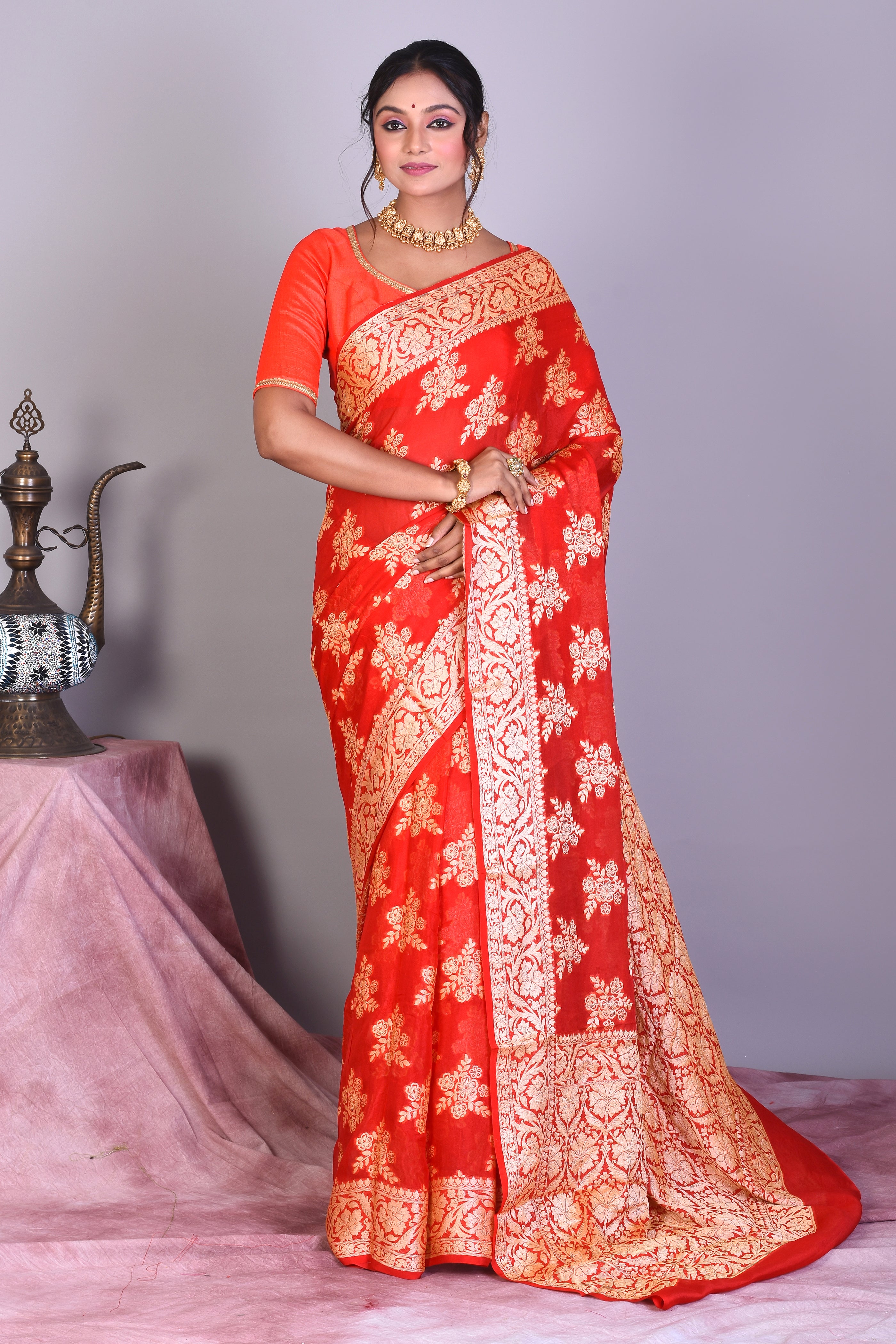 Red Pure Georgette Khaddi Saree - Keya Seth Exclusive