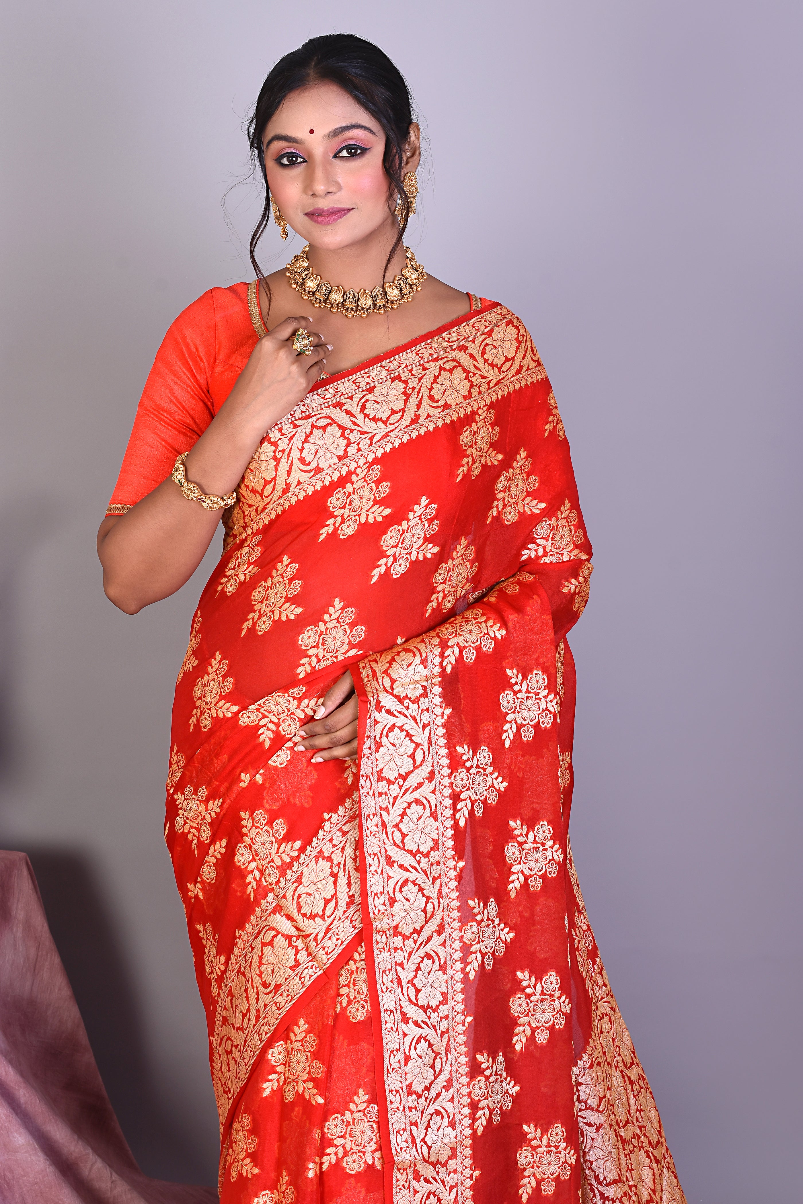 Red Pure Georgette Khaddi Saree - Keya Seth Exclusive