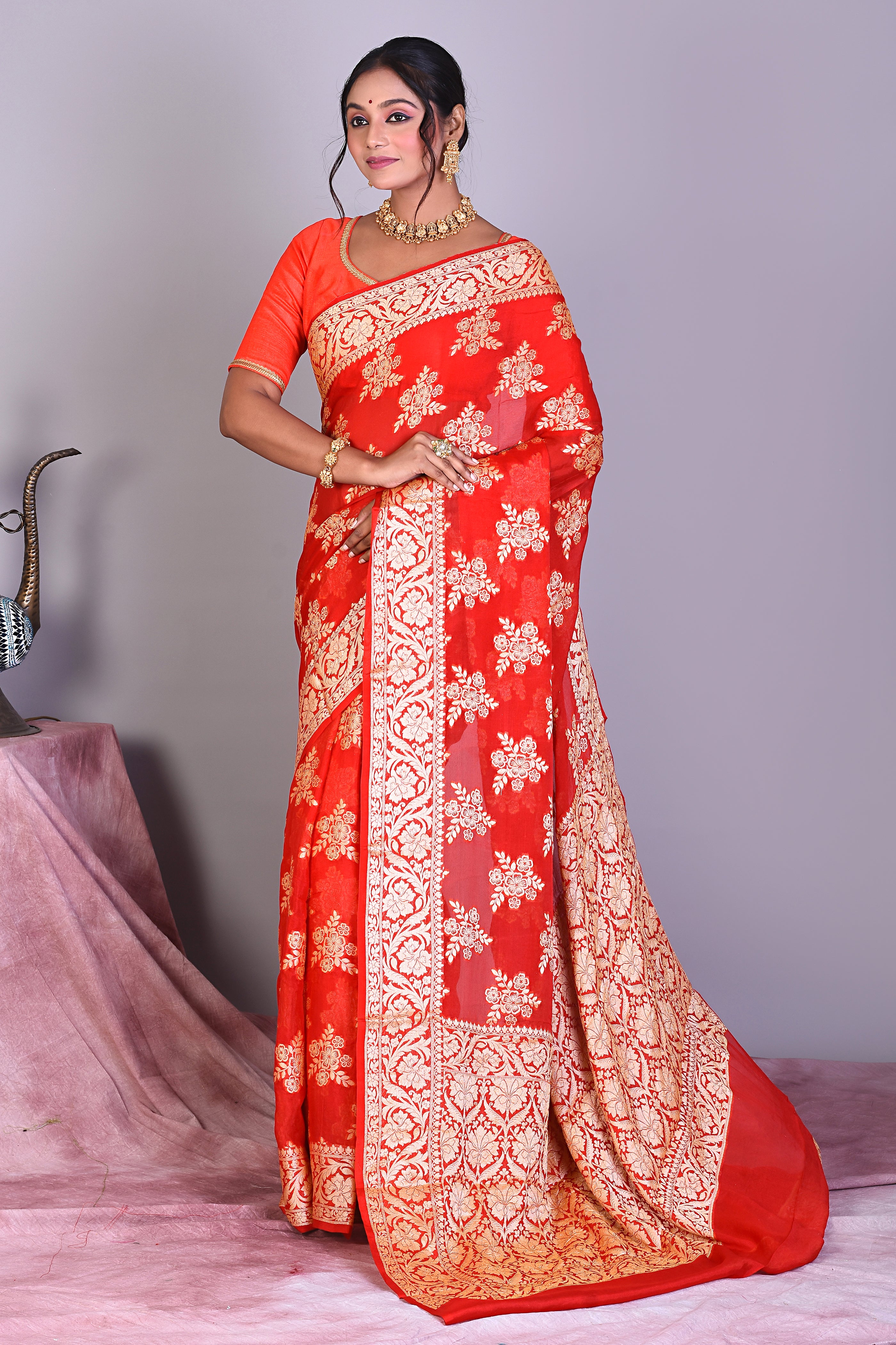 Red Pure Georgette Khaddi Saree - Keya Seth Exclusive