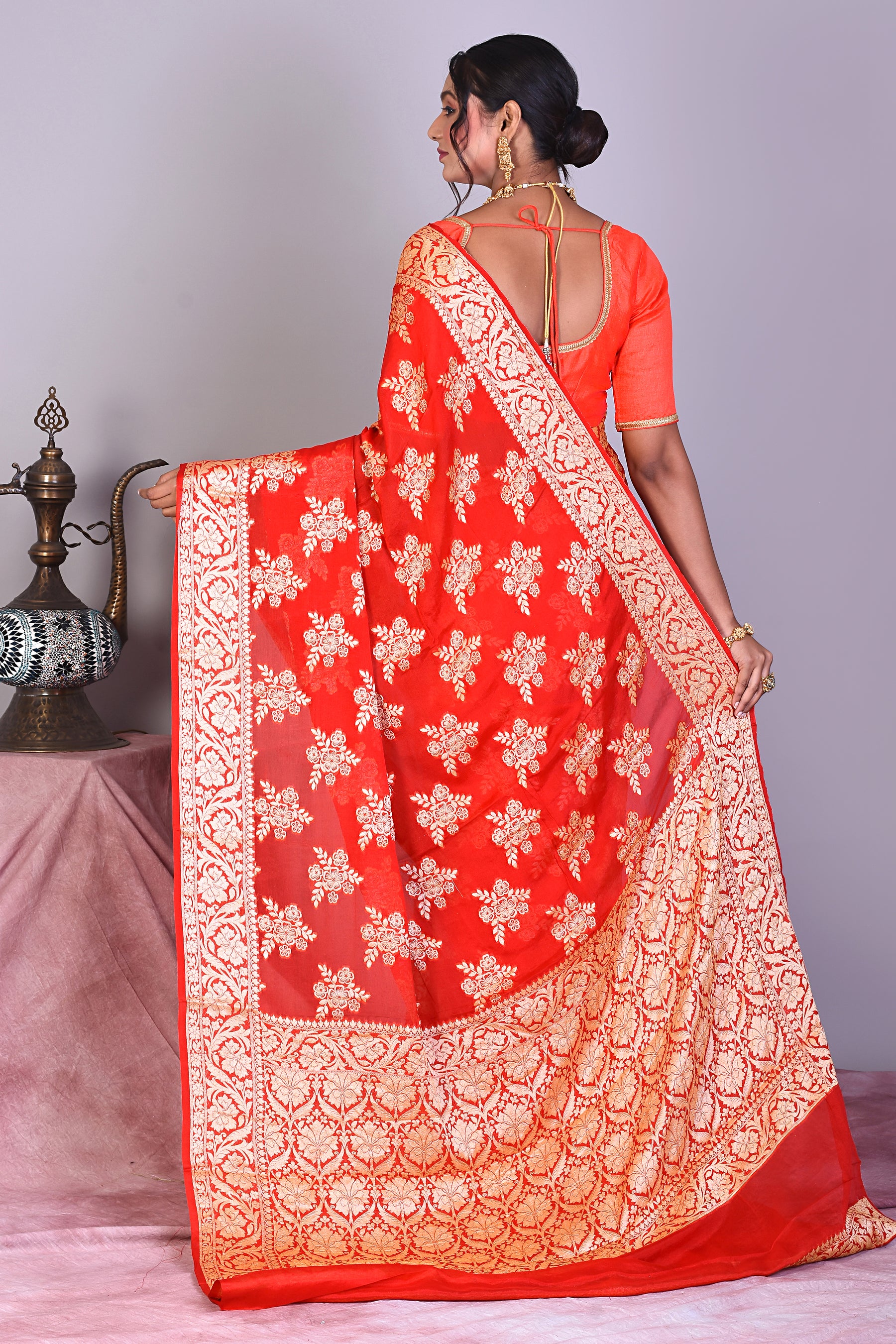 Red Pure Georgette Khaddi Saree - Keya Seth Exclusive