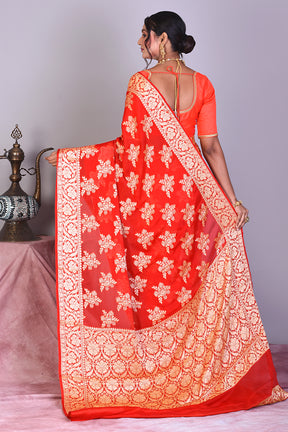 Red Pure Georgette Khaddi Saree - Keya Seth Exclusive