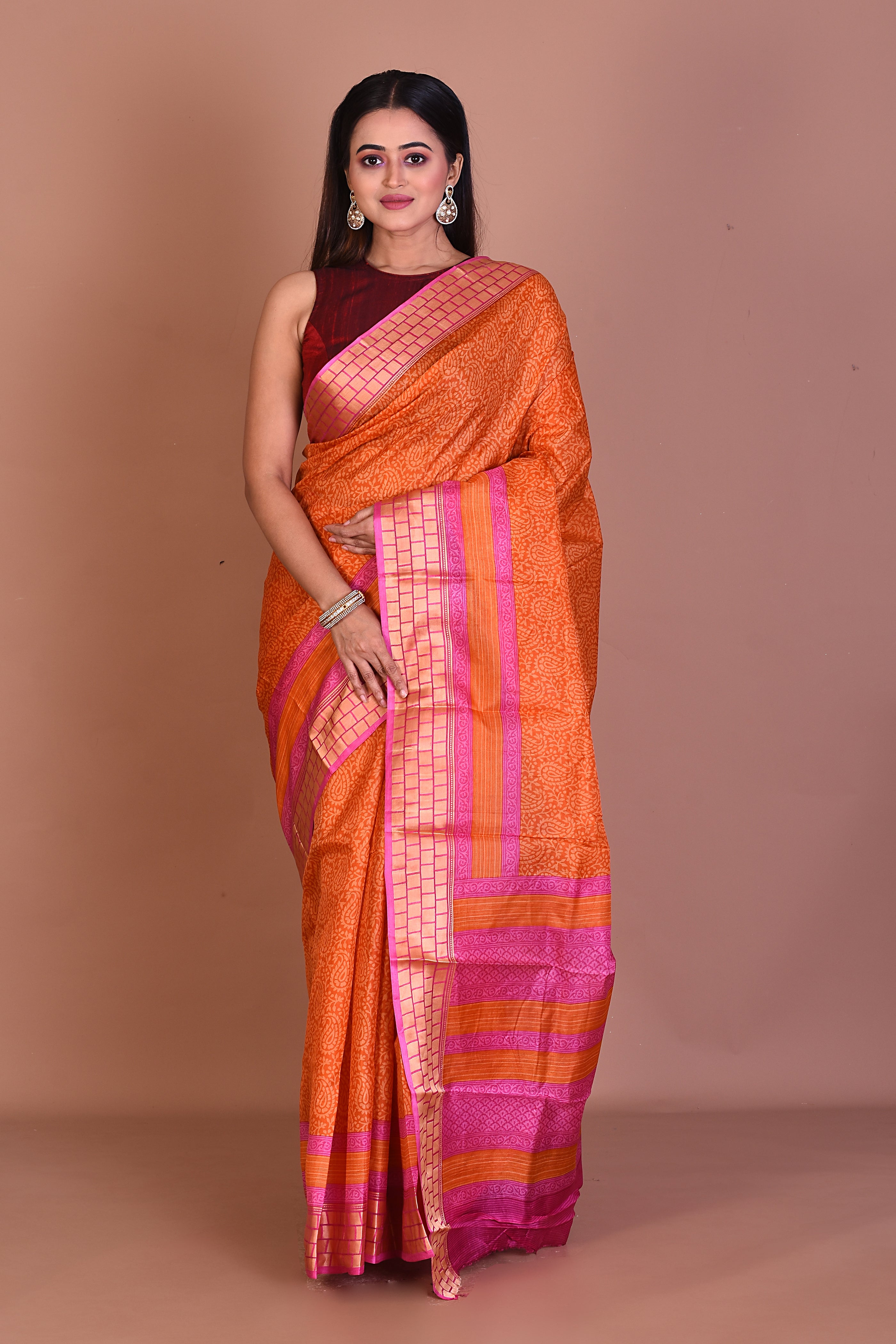 Orange Blended Printed Silk Saree - Keya Seth Exclusive