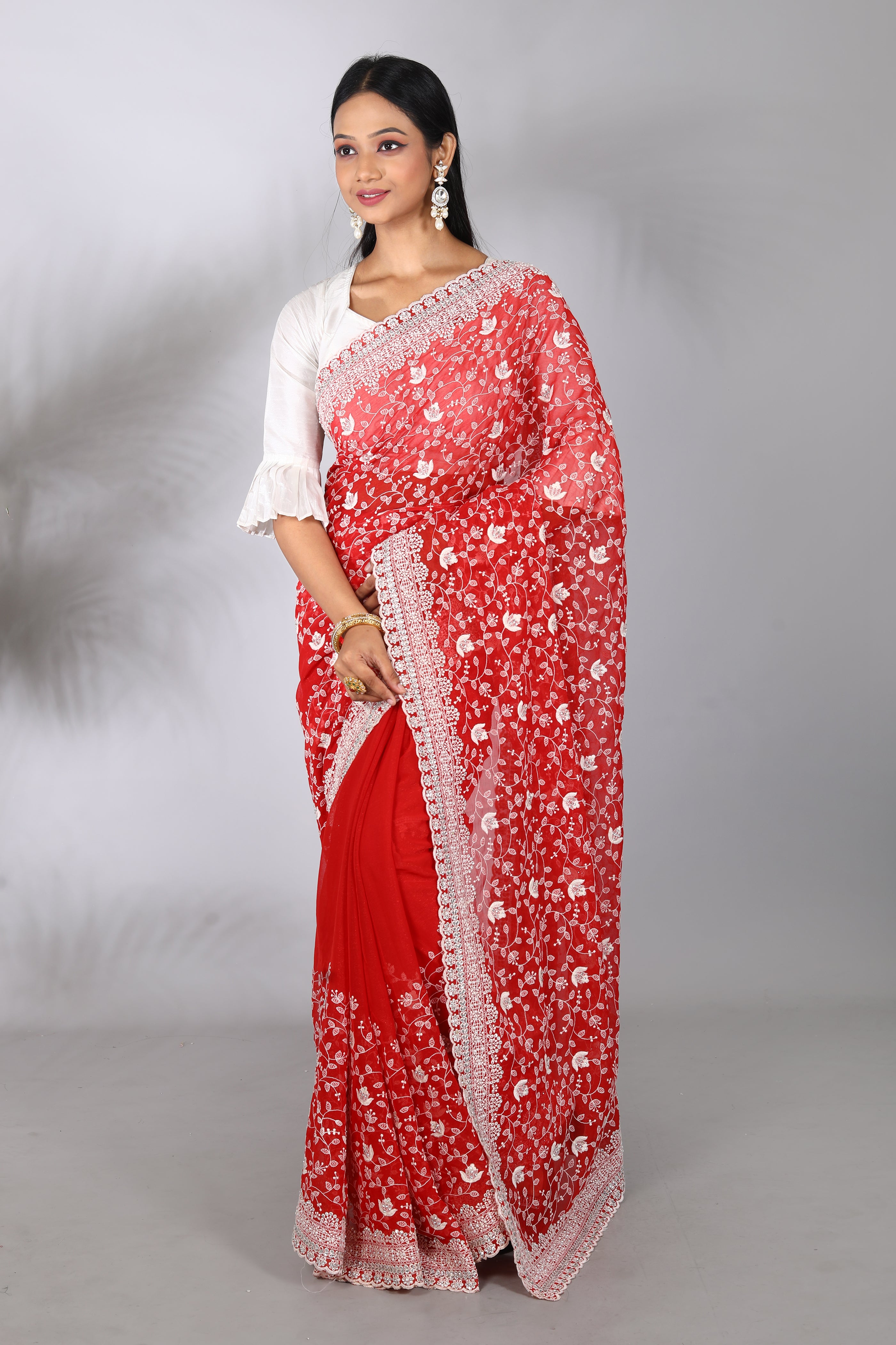 Red Blended Georgette Saree - Keya Seth Exclusive