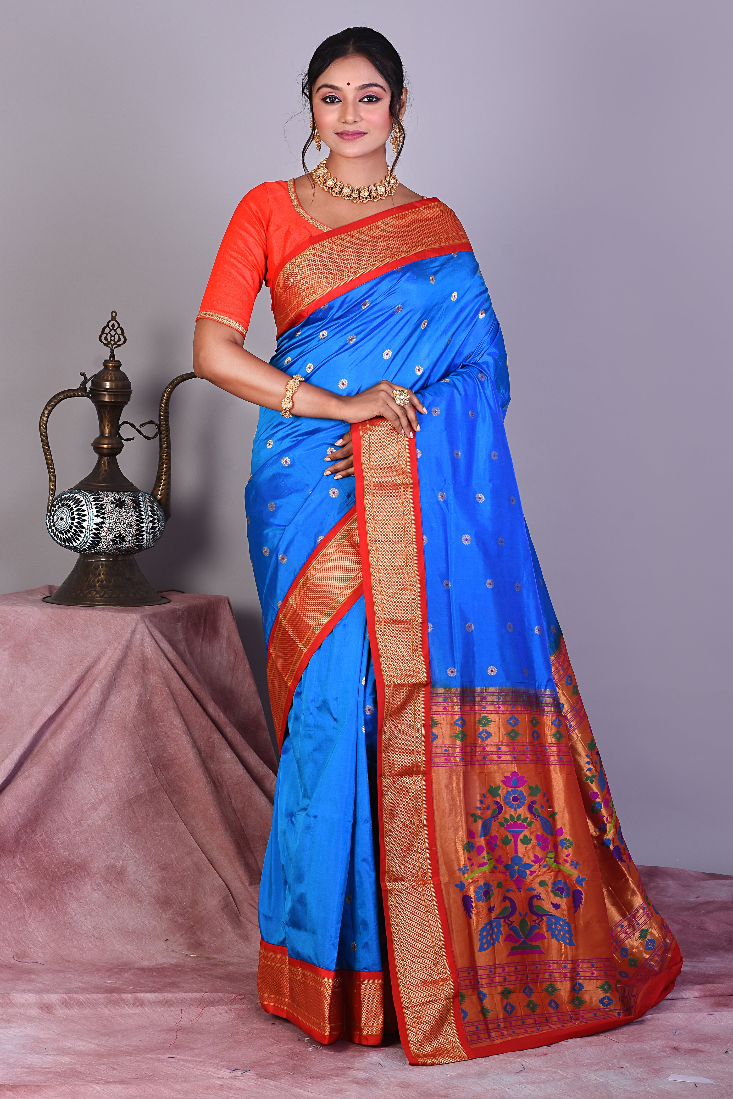 Prussian Blue Blended Paithani Saree with Zari Work - Keya Seth Exclusive