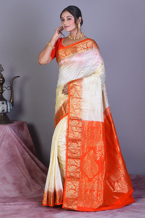 Off-white Pure Kanjivaram Saree with Orange Borders - Keya Seth Exclusive