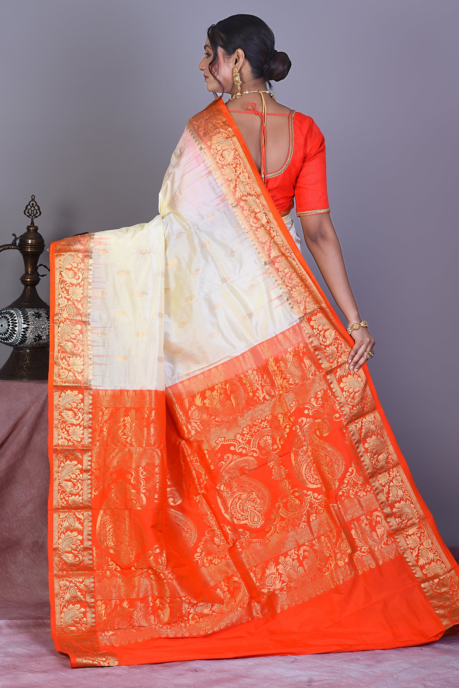 Off-white Pure Kanjivaram Saree with Orange Borders - Keya Seth Exclusive