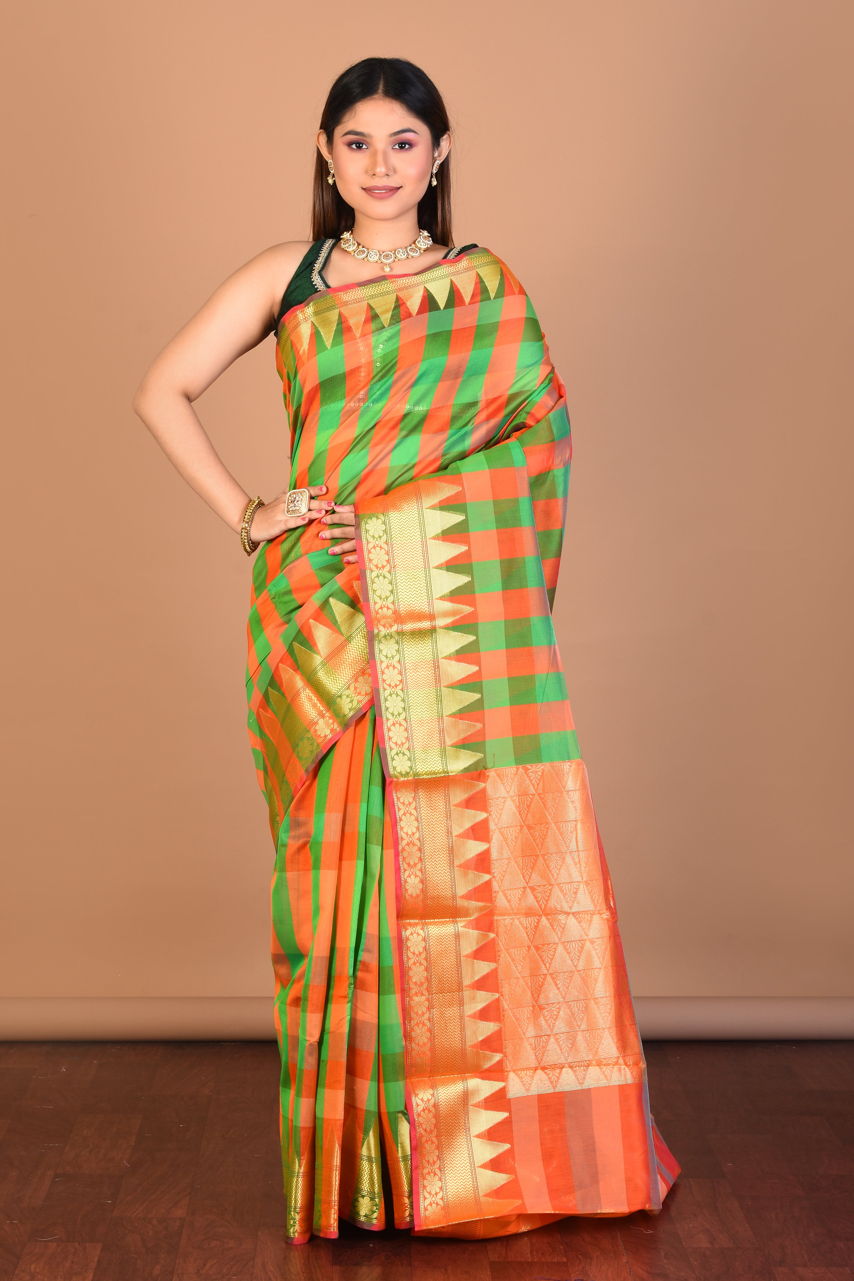 Orange and Green Silk Saree with Blouse Piece - Keya Seth Exclusive