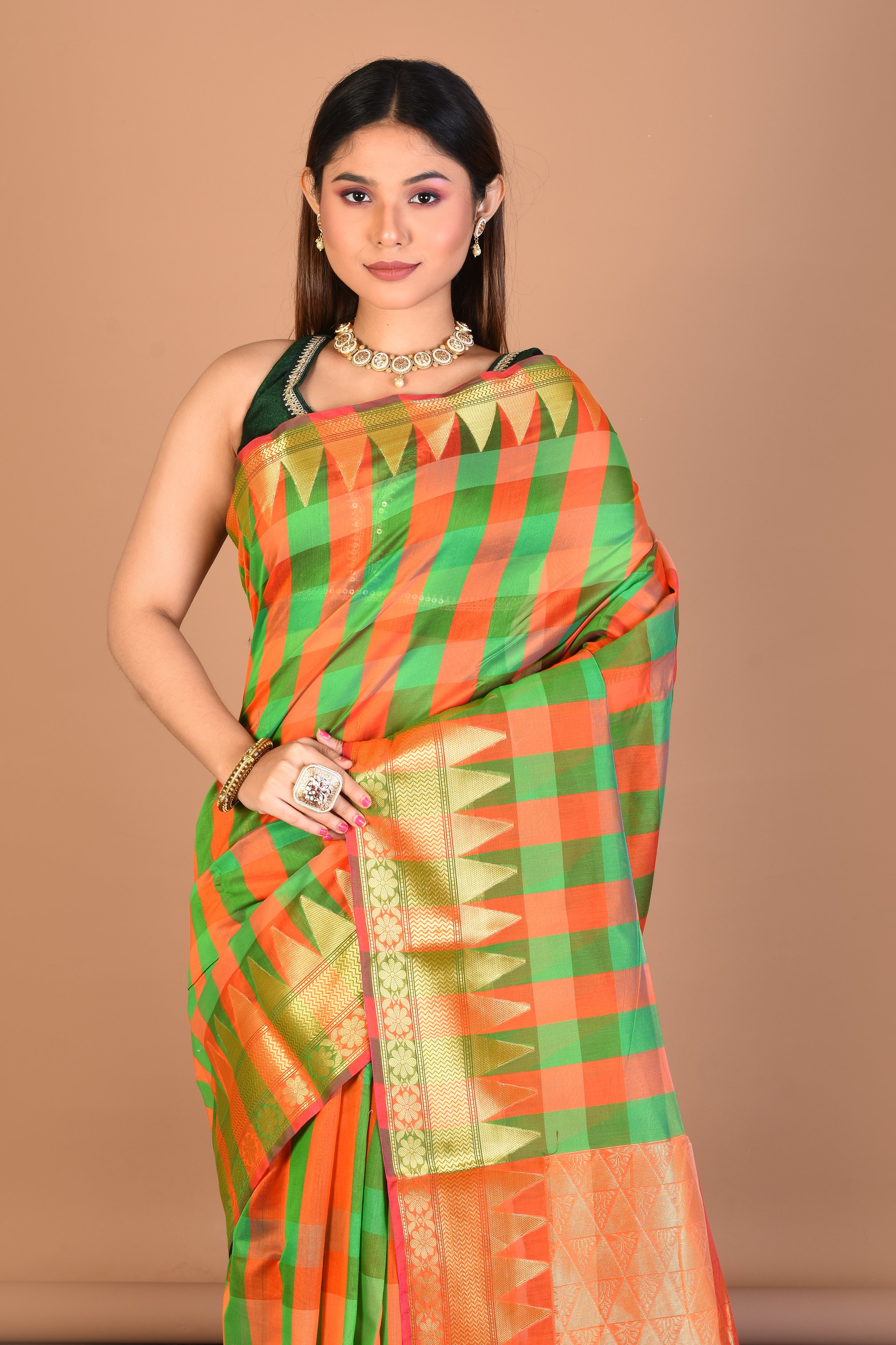 Orange and Green Silk Saree with Blouse Piece - Keya Seth Exclusive