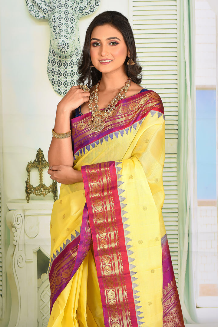Light Yellow Pure Gadwal Saree - Keya Seth Exclusive