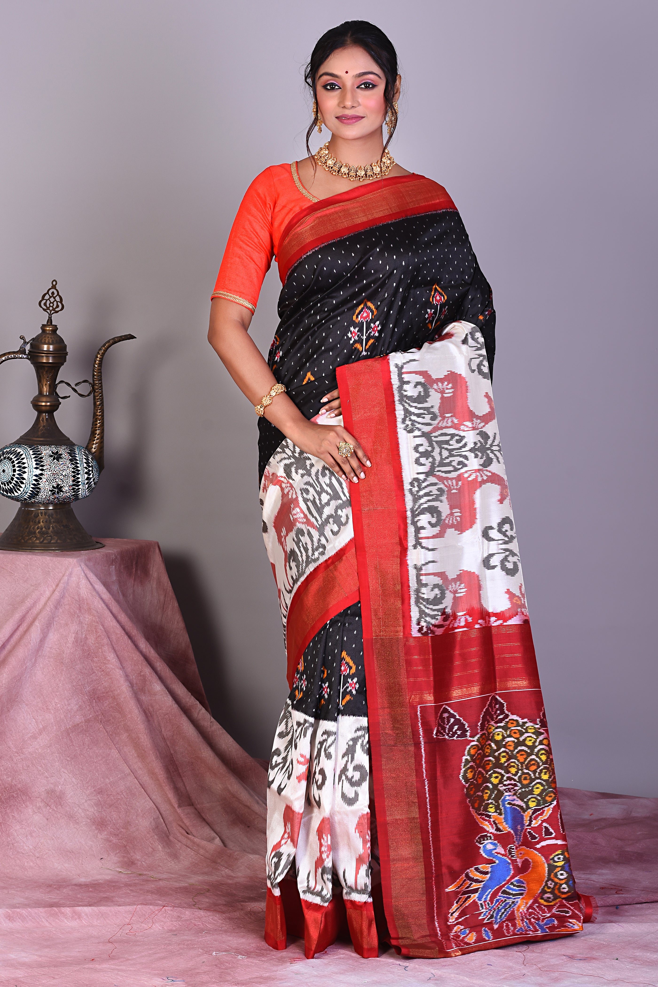 Black & White Pure Ikkat Saree with Red Borders - Keya Seth Exclusive