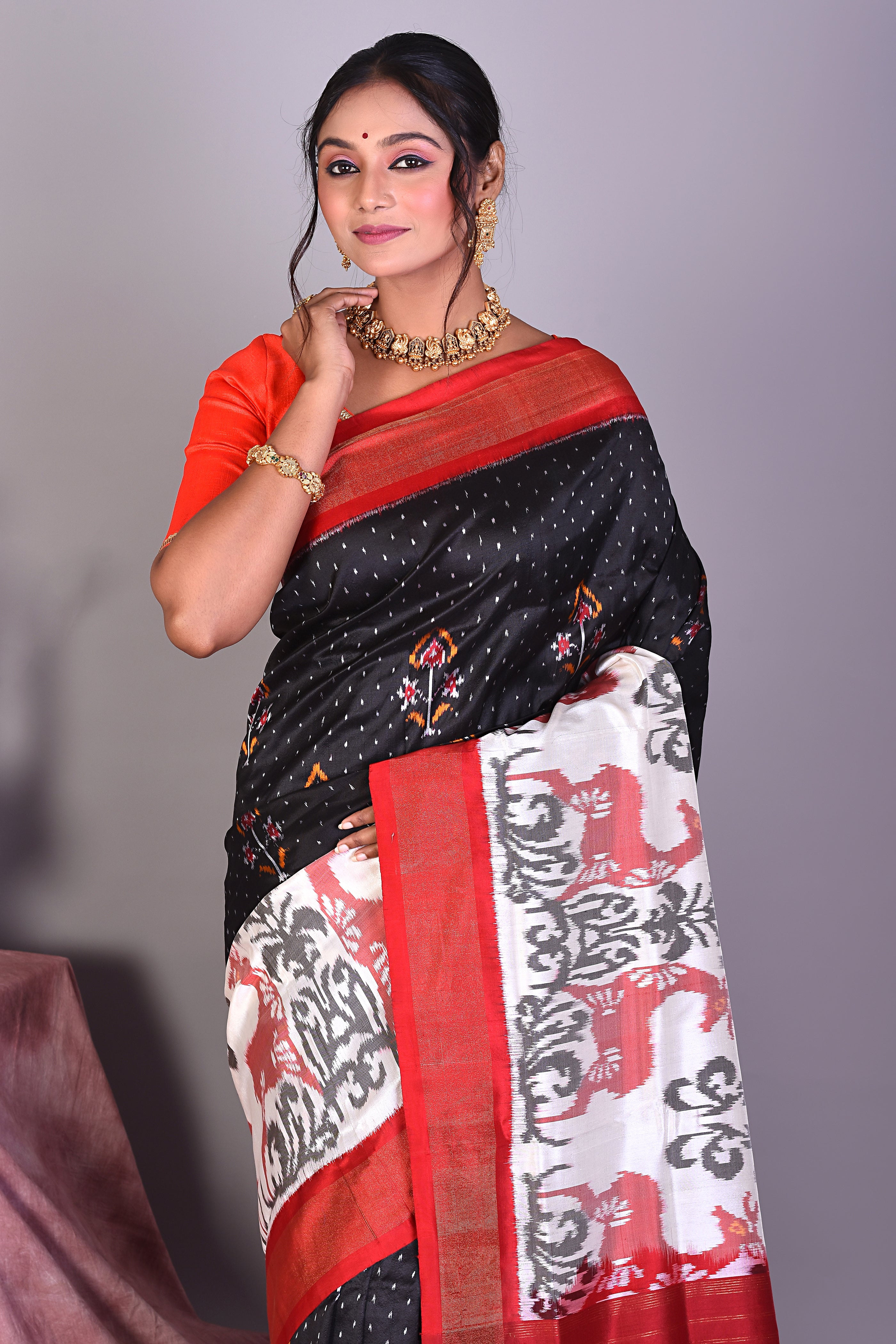 Black & White Pure Ikkat Saree with Red Borders - Keya Seth Exclusive