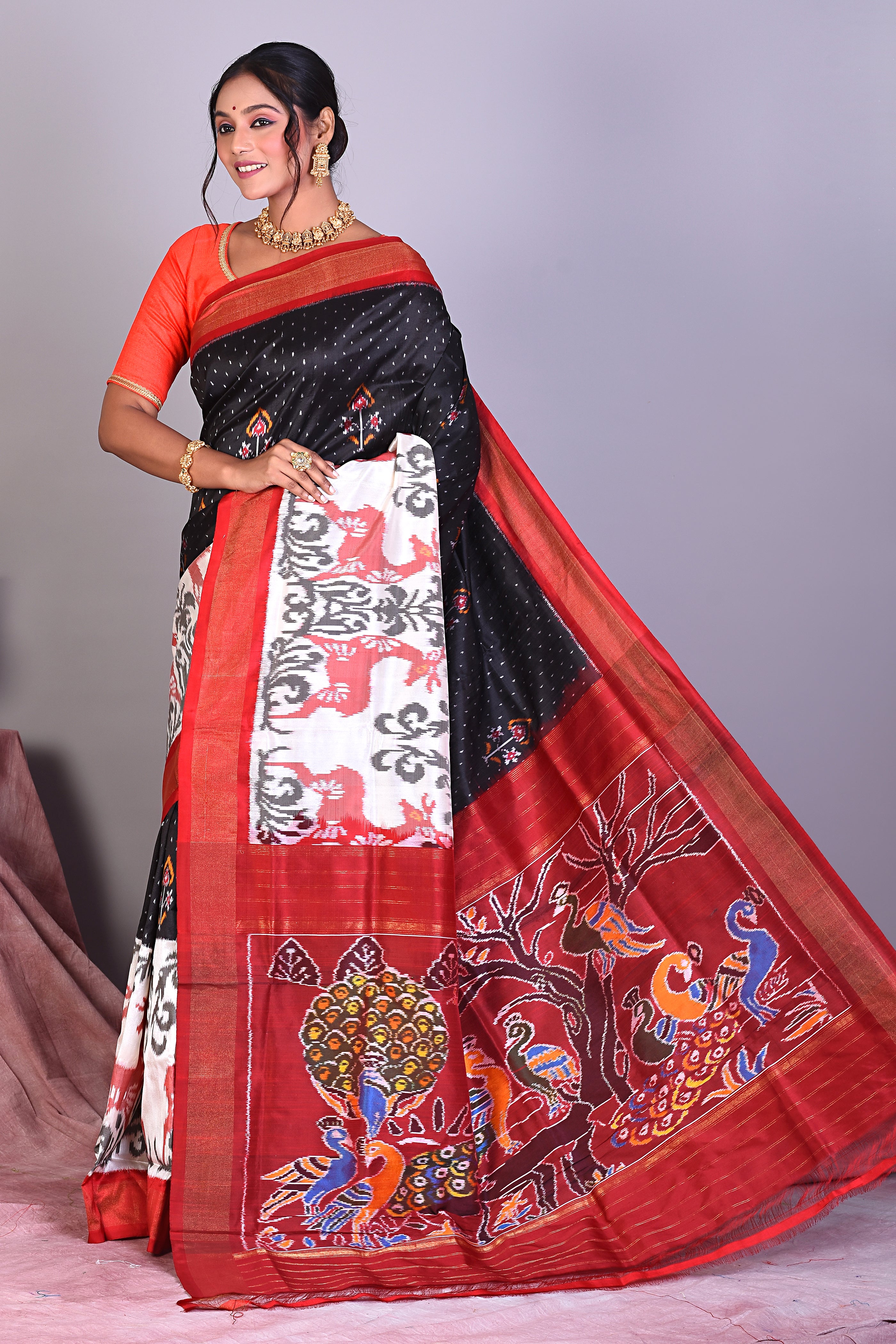 Black & White Pure Ikkat Saree with Red Borders - Keya Seth Exclusive