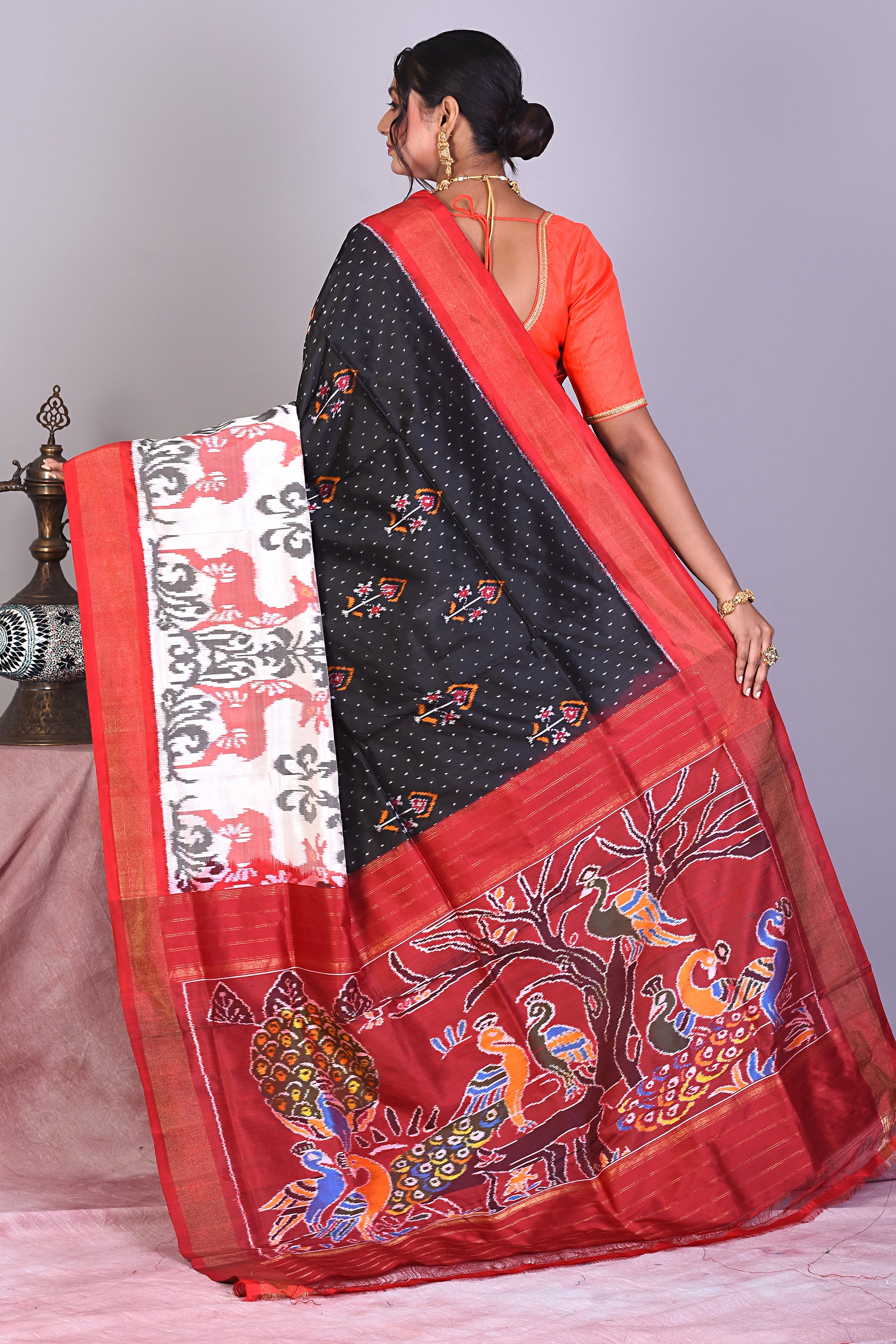 Black & White Pure Ikkat Saree with Red Borders - Keya Seth Exclusive