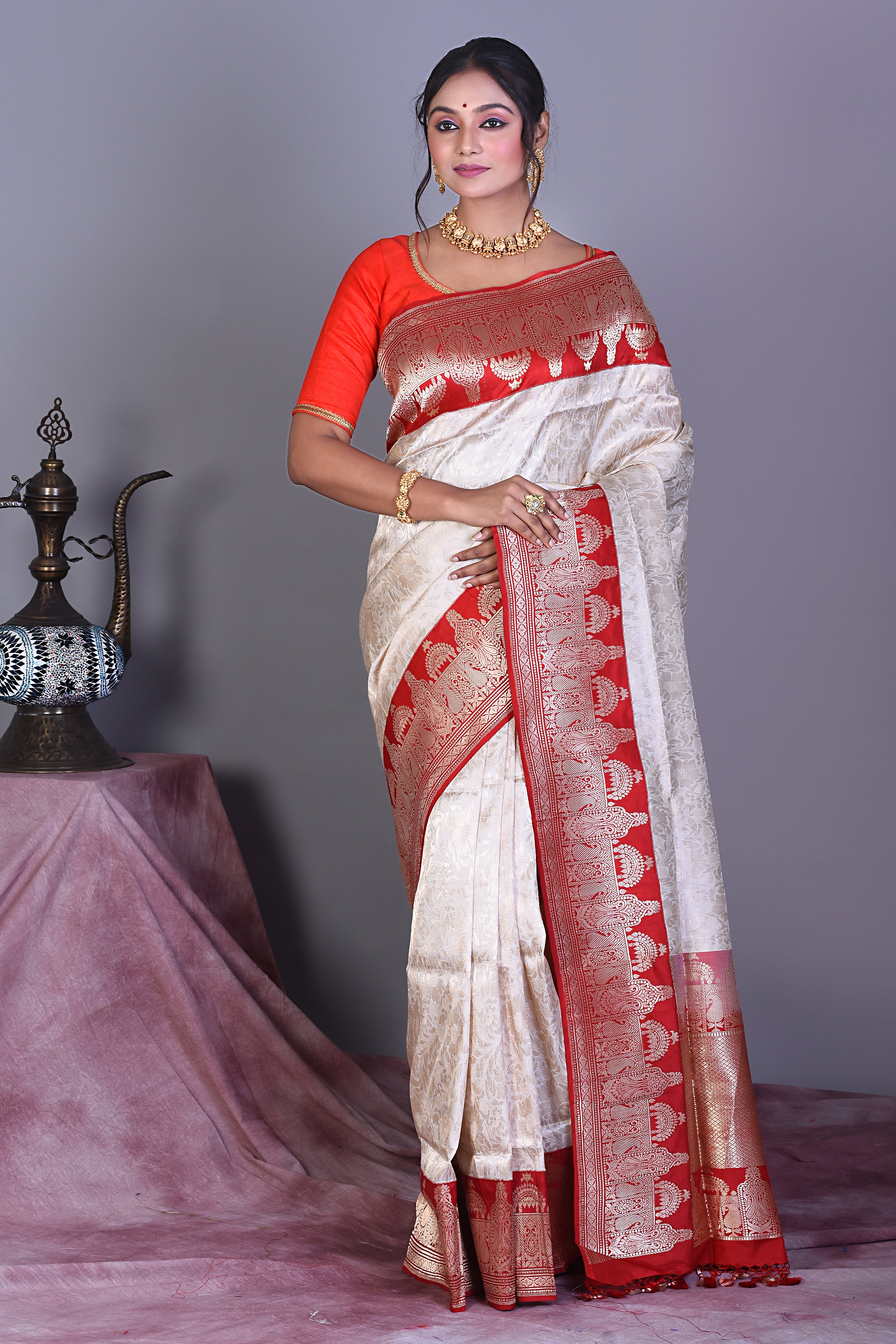 White Pure Katan Saree with Zari Work - Keya Seth Exclusive