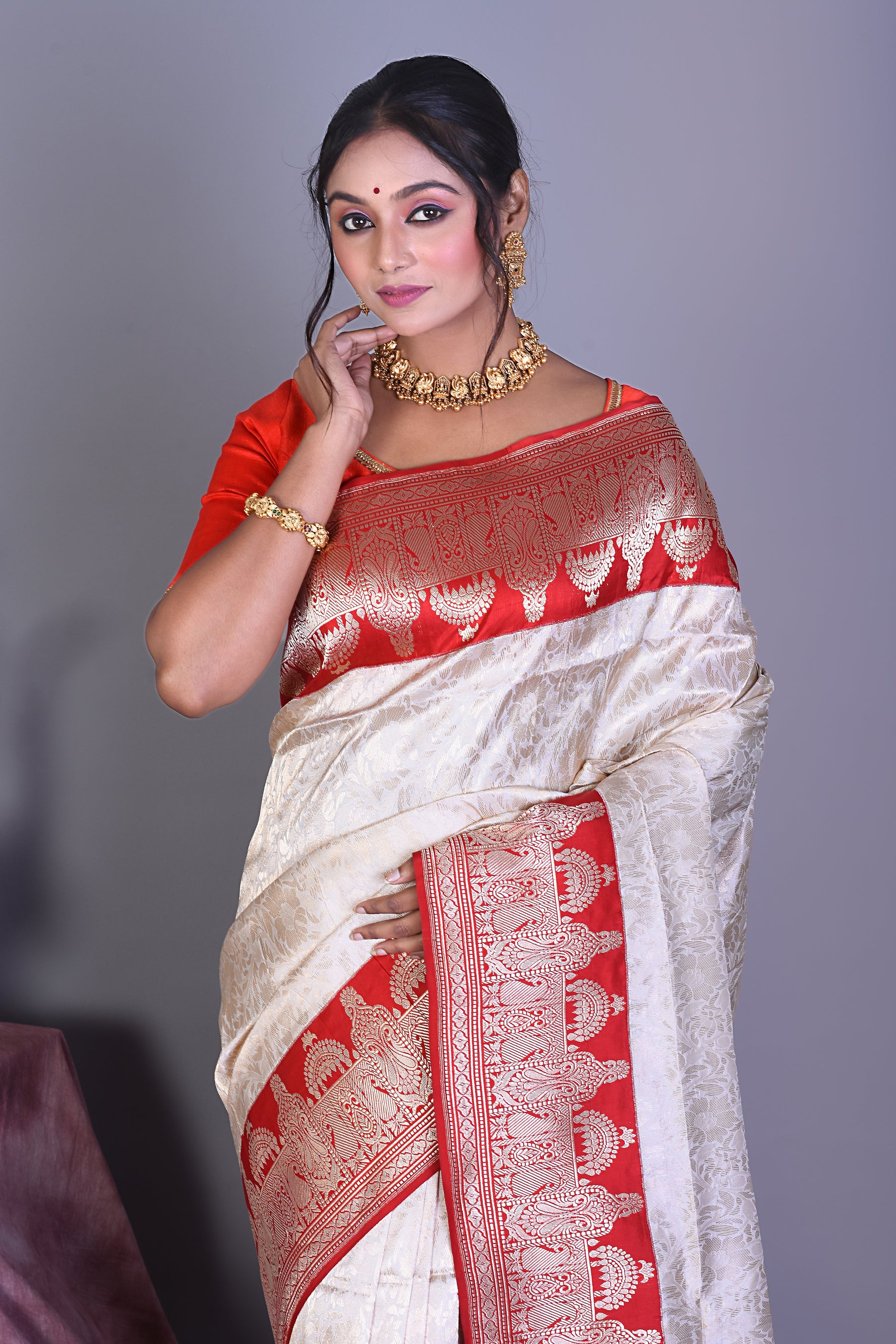 White Pure Katan Saree with Zari Work - Keya Seth Exclusive