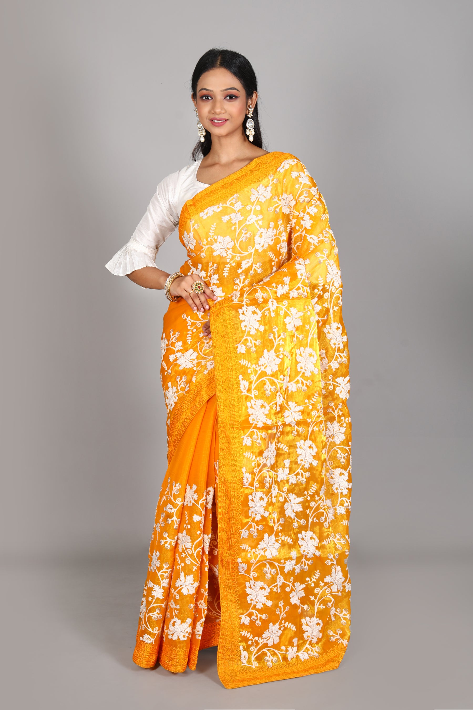 Mustard Blended Satin Silk Saree - Keya Seth Exclusive