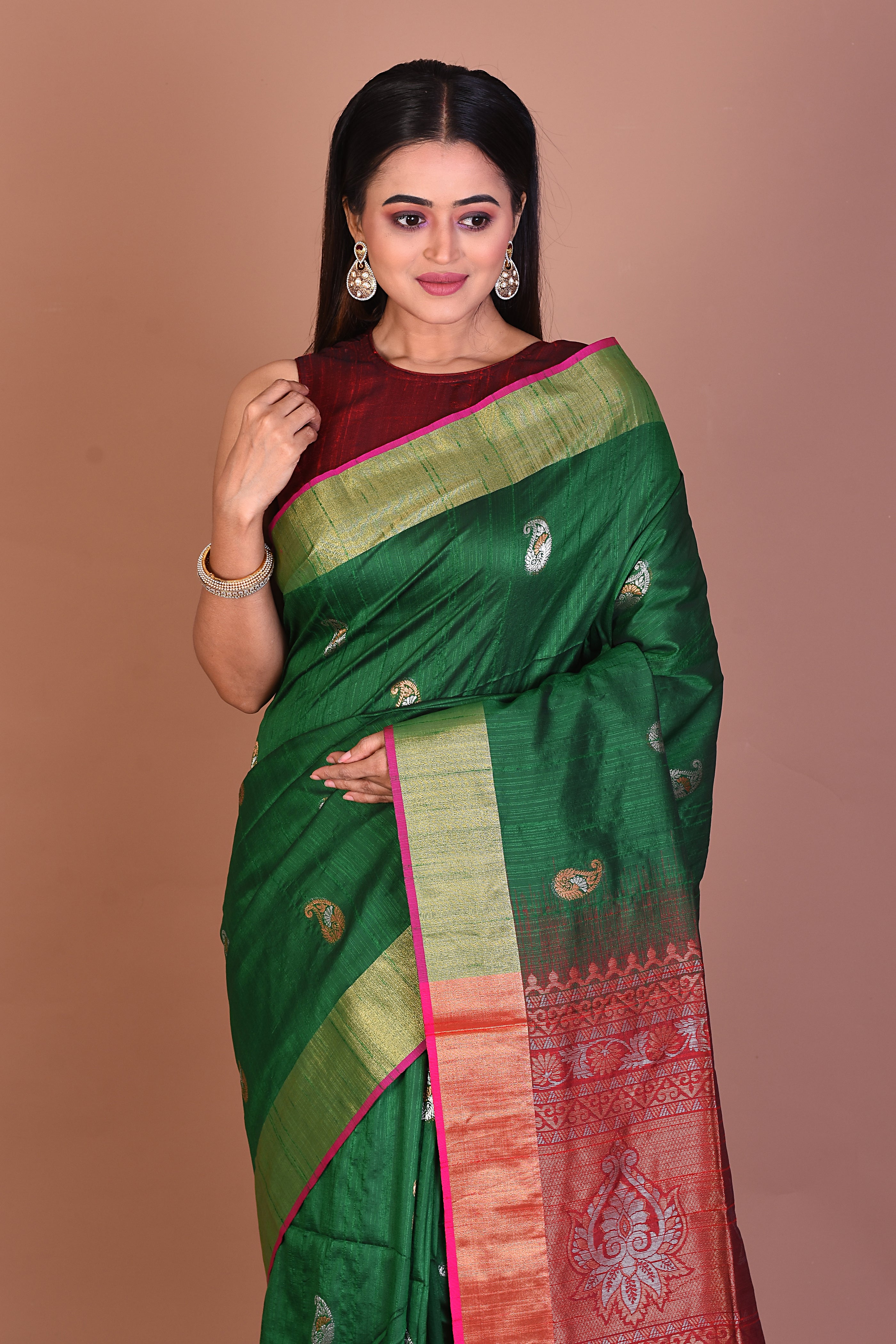 Bottle Green Blended Handloom Saree - Keya Seth Exclusive