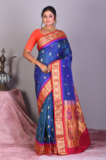 Load image into Gallery viewer, Blue Dual Tone Pure Paithani Saree with Golden Zari - Keya Seth Exclusive
