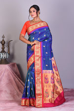 Load image into Gallery viewer, Blue Dual Tone Pure Paithani Saree with Golden Zari - Keya Seth Exclusive
