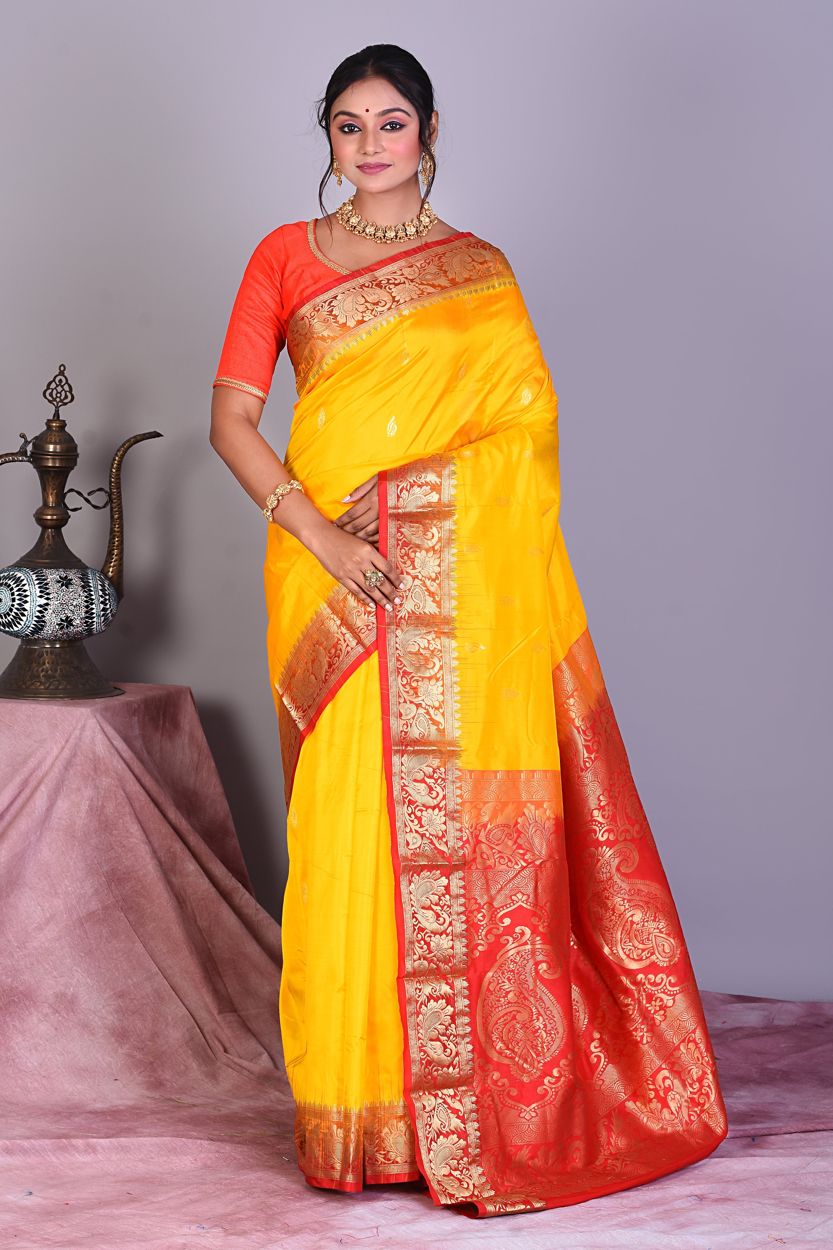 Yellow Pure Kanjivaram Saree with Red Borders - Keya Seth Exclusive