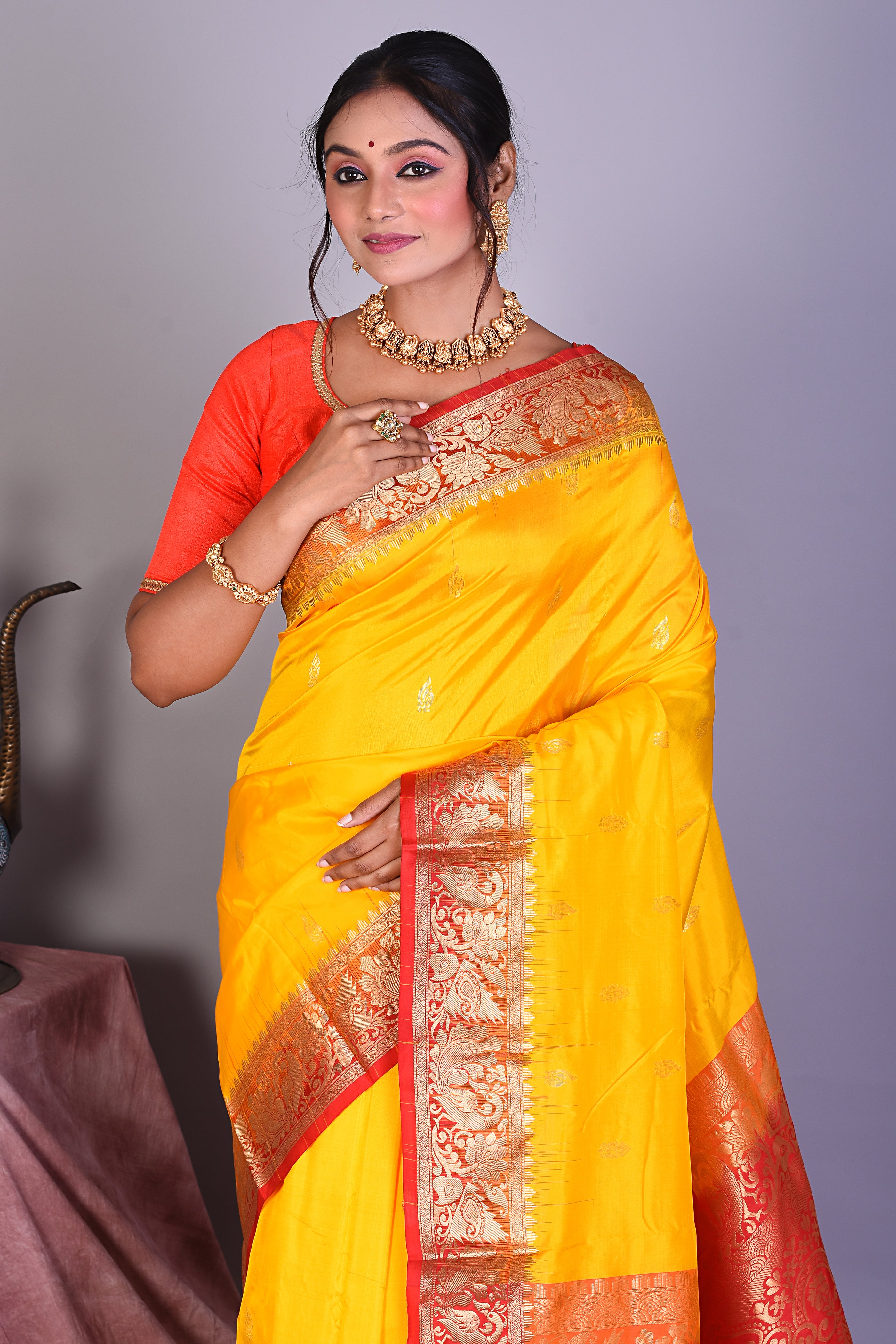 Yellow Pure Kanjivaram Saree with Red Borders - Keya Seth Exclusive