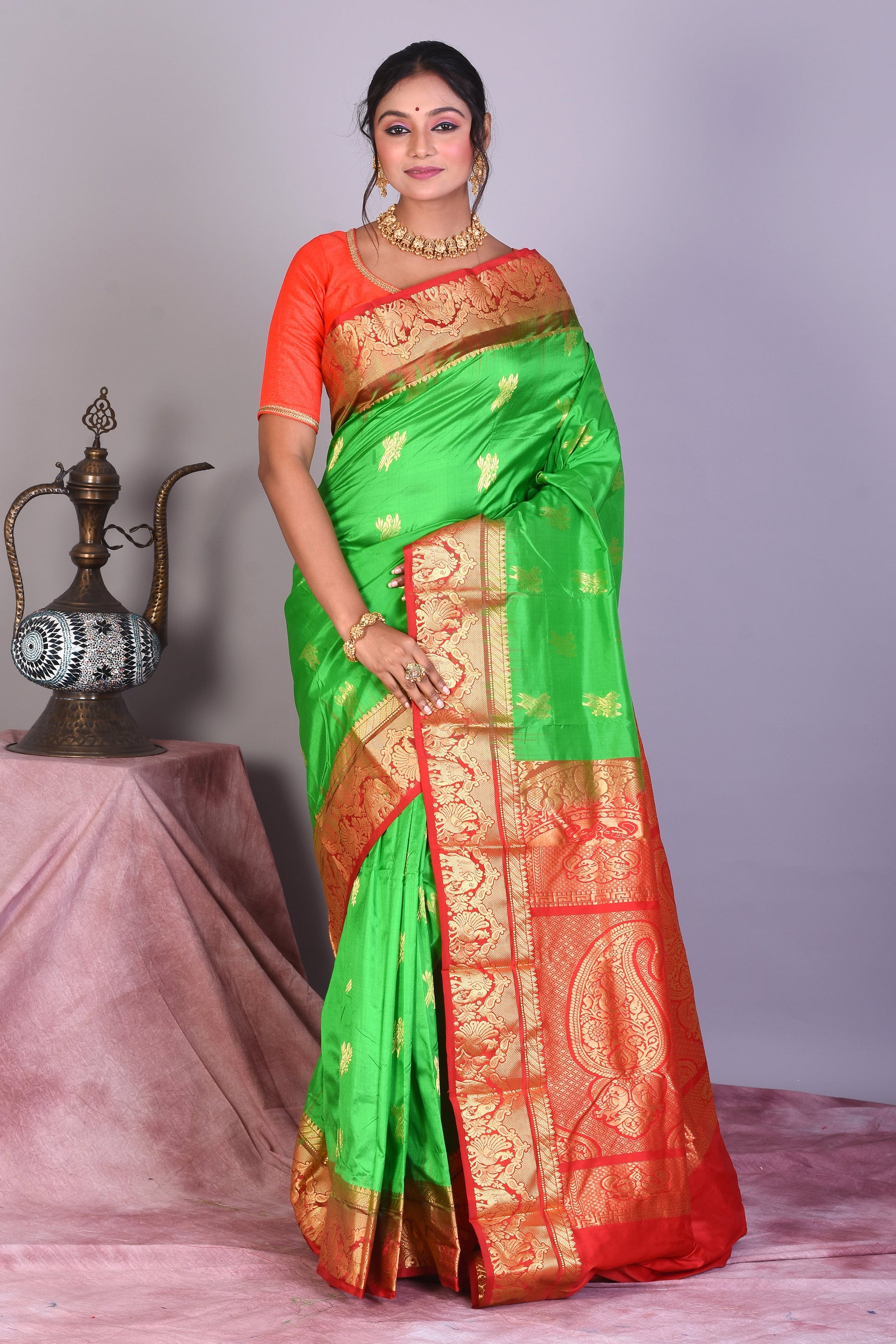 Bright Green Pure Kanjivaram Saree with Red Borders - Keya Seth Exclusive