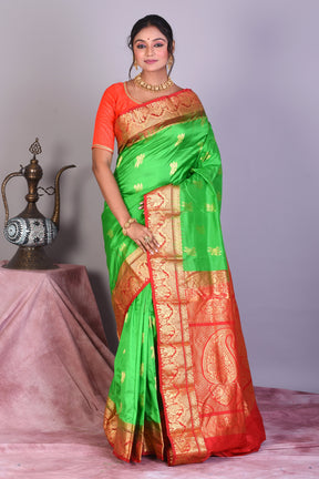 Bright Green Pure Kanjivaram Saree with Red Borders - Keya Seth Exclusive