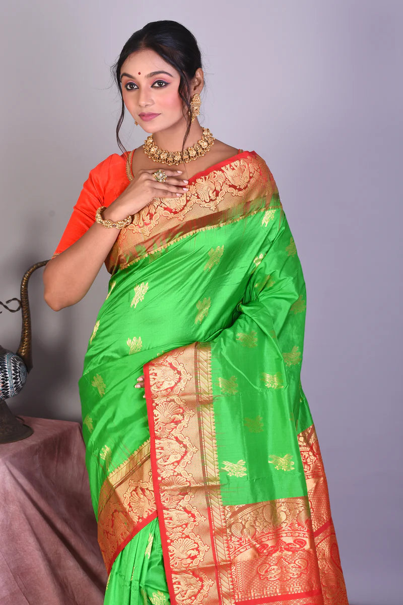 Bright Green Pure Kanjivaram Saree with Red Borders - Keya Seth Exclusive