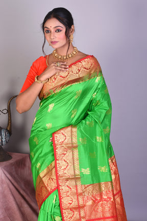 Bright Green Pure Kanjivaram Saree with Red Borders - Keya Seth Exclusive