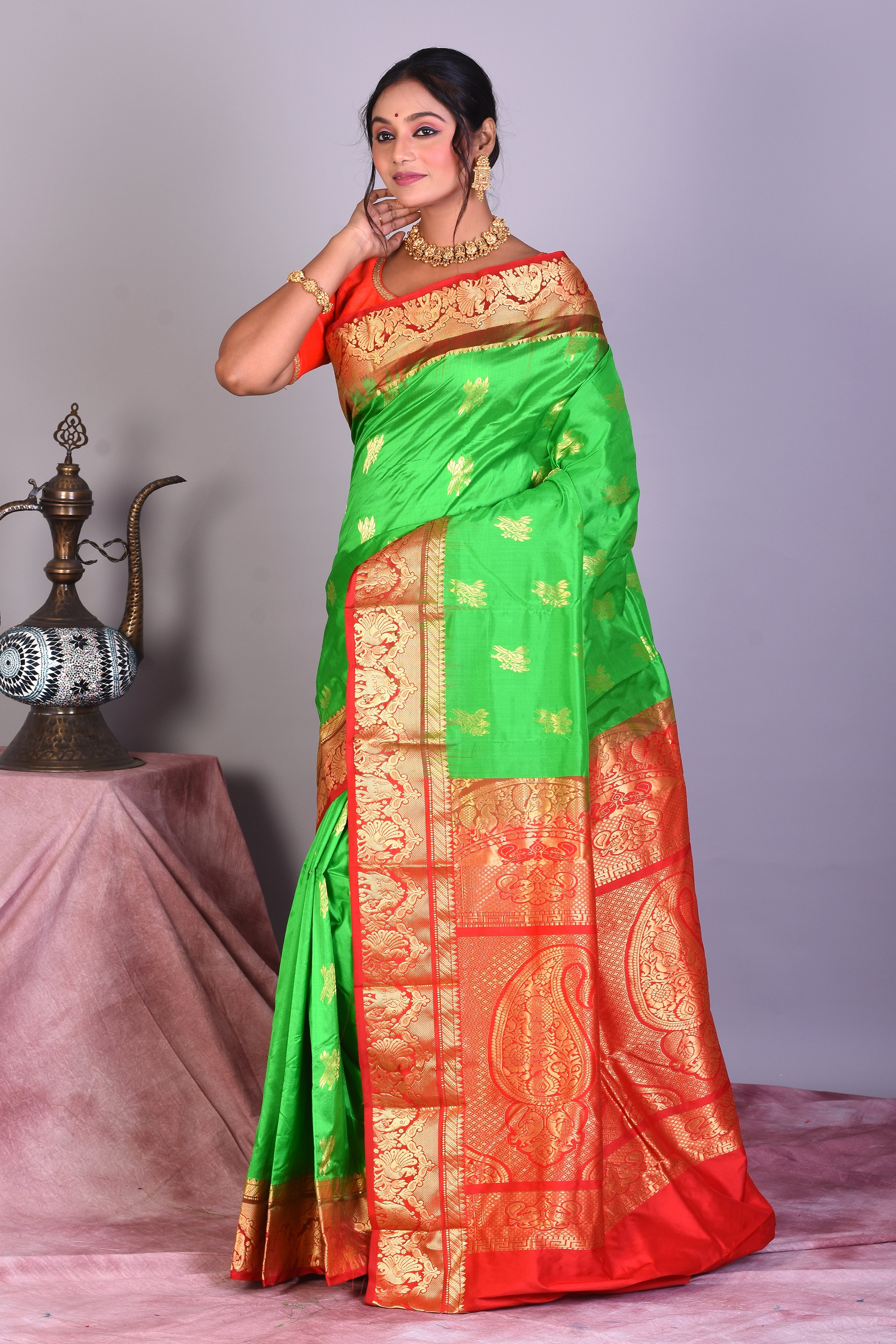 Bright Green Pure Kanjivaram Saree with Red Borders - Keya Seth Exclusive