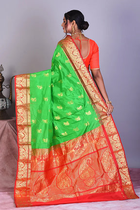 Bright Green Pure Kanjivaram Saree with Red Borders - Keya Seth Exclusive