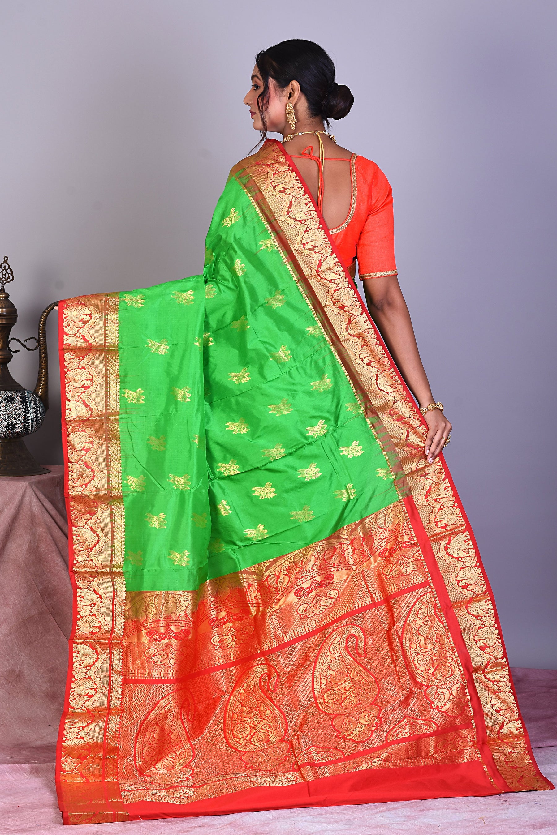 Bright Green Pure Kanjivaram Saree with Red Borders - Keya Seth Exclusive