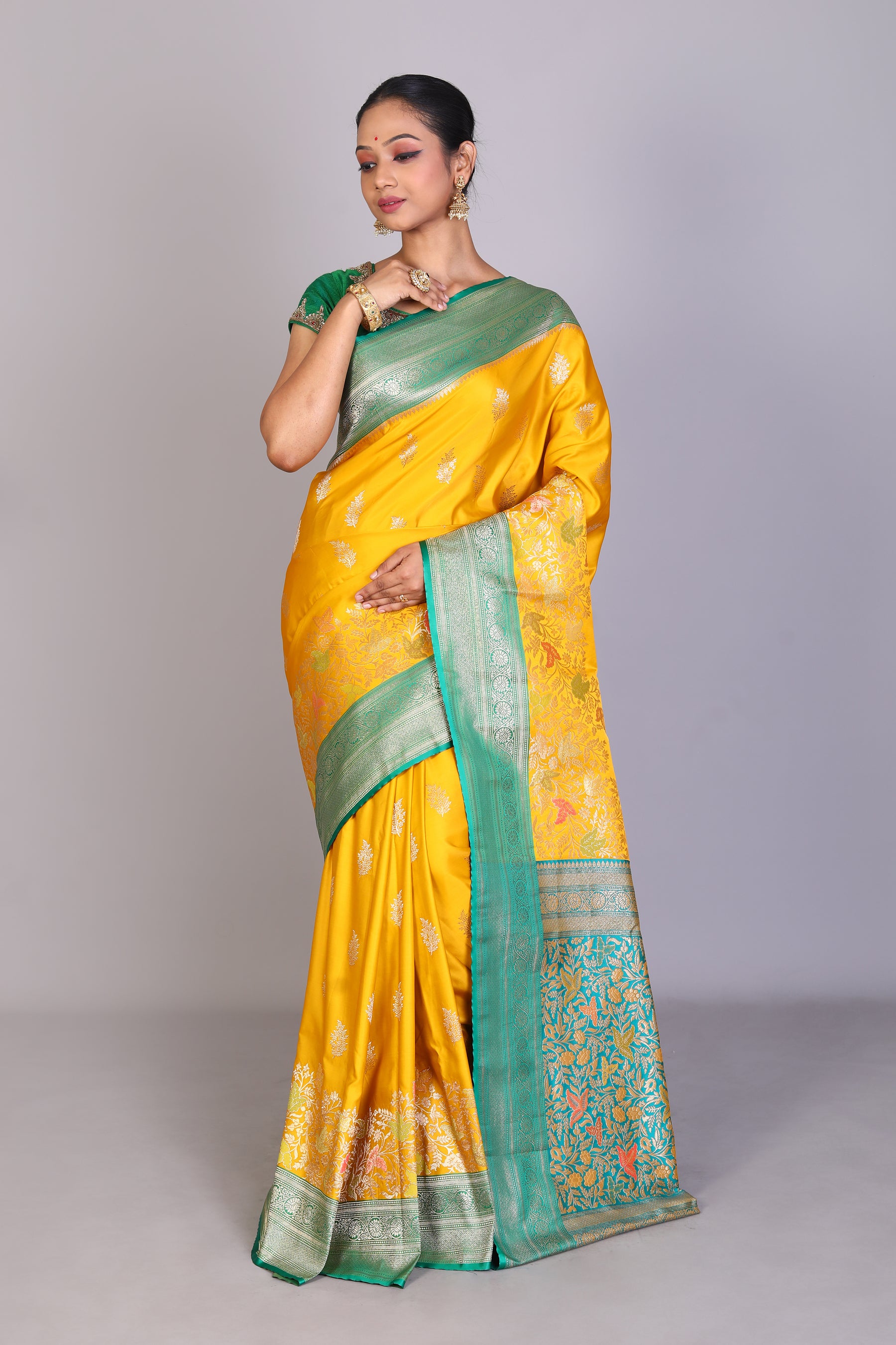 Yellow Blended Satin Silk Saree - Keya Seth Exclusive